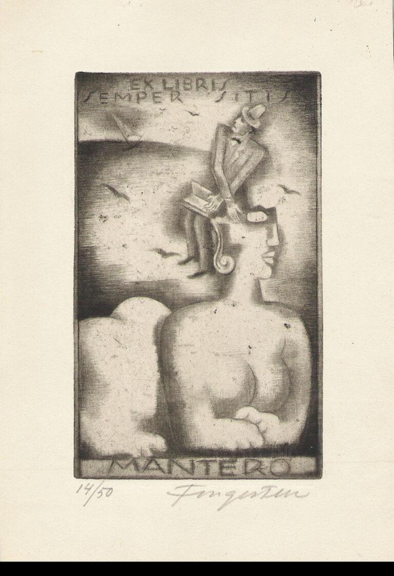 Ex Libris Mantero Sempre Sitis - Radierung von Michel Fingesten - Anfang des 20.