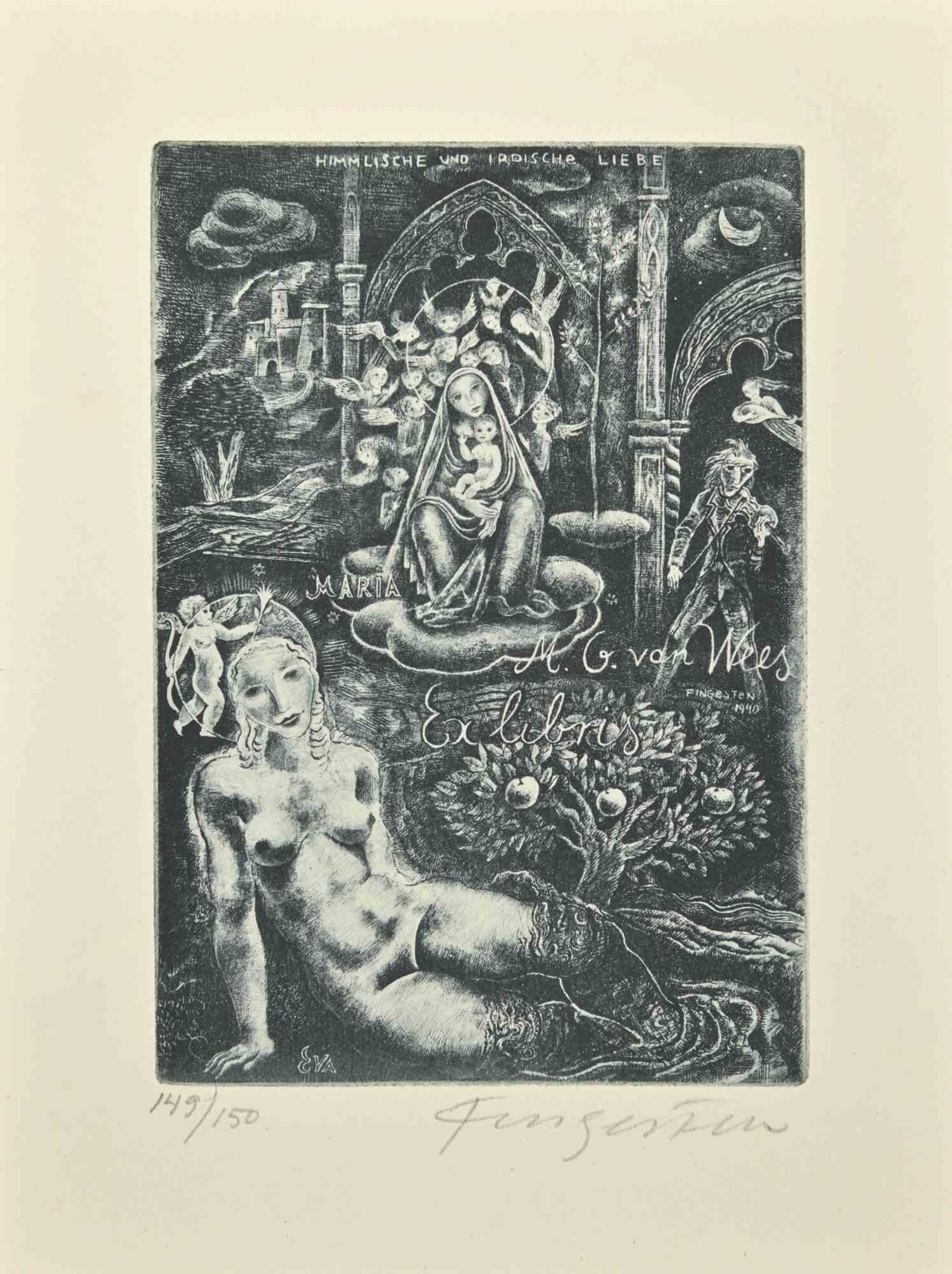 Ex Libris - M.G. Van Wees is an Etching print created by  Michel Fingesten in 1940.

Hand signed on the lower margin. Numbered on the left corner, ex. 149/150

Good conditions.

Michel Fingesten (1884 - 1943) was a Czech painter and engraver of