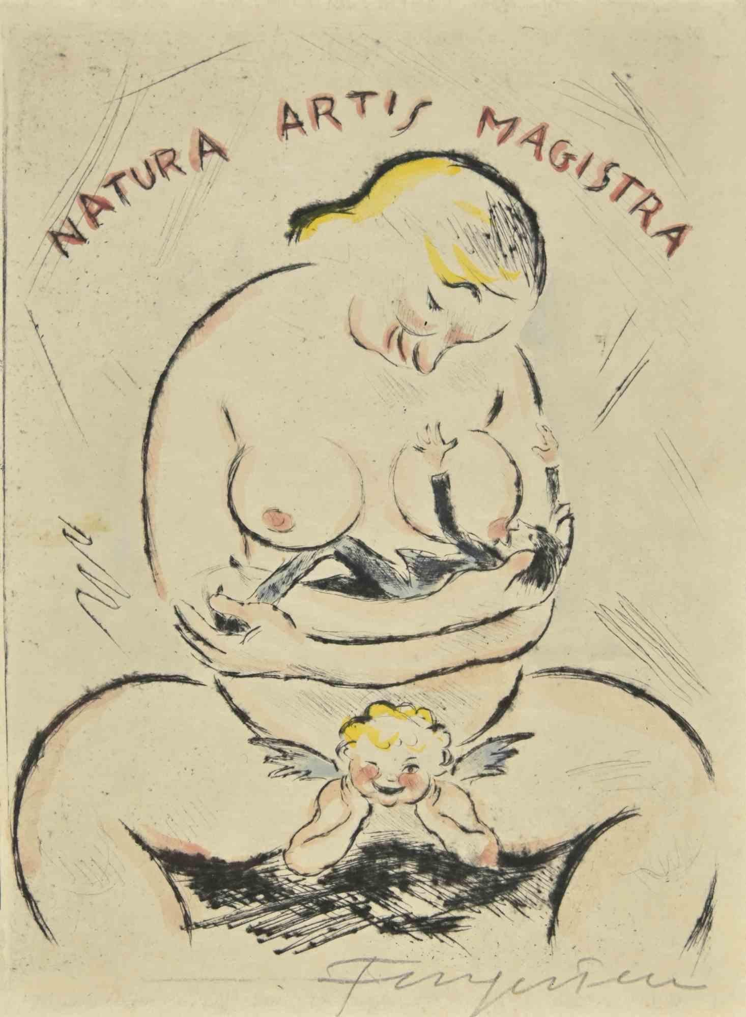Ex Libris - Natura Artis Magistra is a colored Woodcut print created by  Michel Fingesten.

Hand Signed on the lower right margin.

Very good condition.

Michel Fingesten (1884 - 1943) was a Czech painter and engraver of Jewish origin. He is
