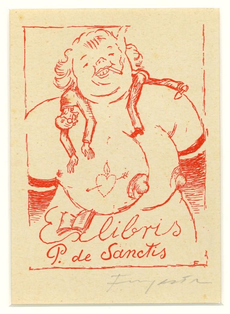 "Ex Libris P. De Sanctis"  is a woodcut on ivory-colorated paper by Michel Fingesten,  Early 20th Century. Hand signed in pencil.
In excellent conditions: As good as new.

Michel Fingesten (1884 - 1943) was a Czech painter and engraver of Jewish