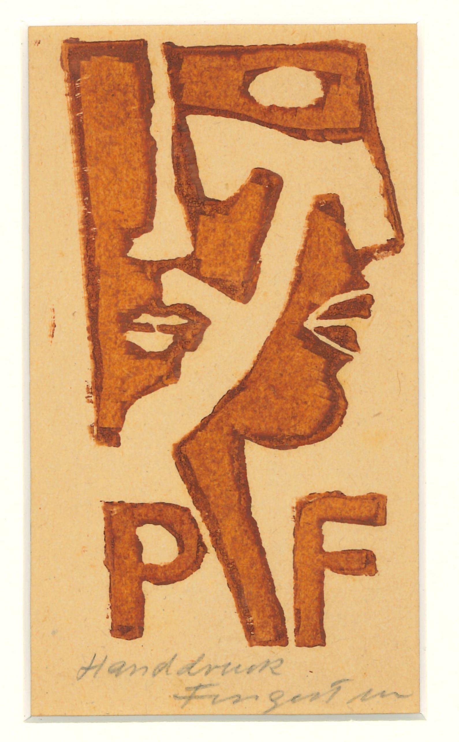 Michel Fingesten Figurative Print - Ex Libris - PF - Original Woodcut by M. Fingesten - Early 1900