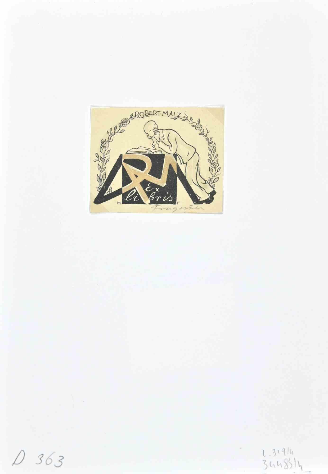 Ex Libris -  Robert Malz - gravure sur bois par Michel Fingesten - années 1930