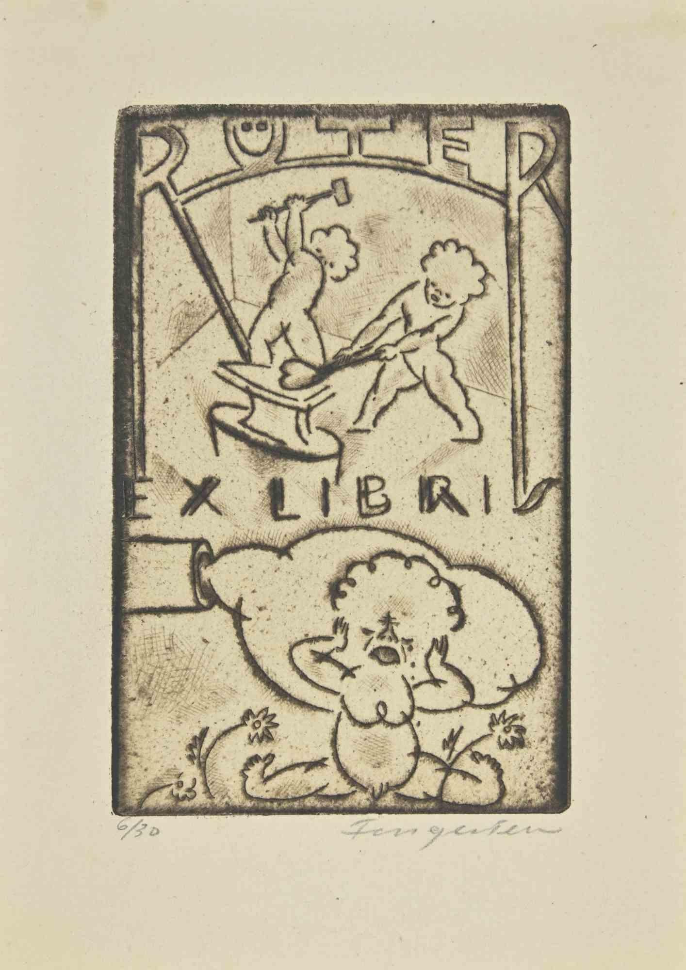 Ex Libris - Ruter is a Woodcut print created by  Michel Fingesten.

Hand Signed on the lower right margin. Numbered on the left corner, ex. n. 6/30

Very good condition.

Michel Fingesten (1884 - 1943) was a Czech painter and engraver of Jewish