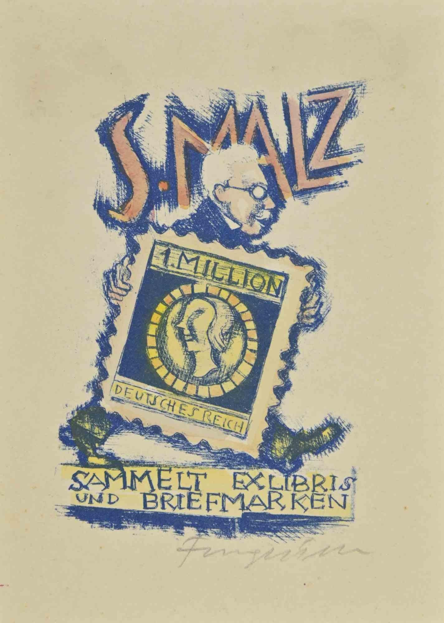 Ex Libris -Sammelt und Briefmarken is a  woodcut print created by Michel Fingesten.

Hand signed on the lower margin.

Good conditions.

Michel Fingesten (1884 - 1943) was a Czech painter and engraver of Jewish origin. He is considered one of the