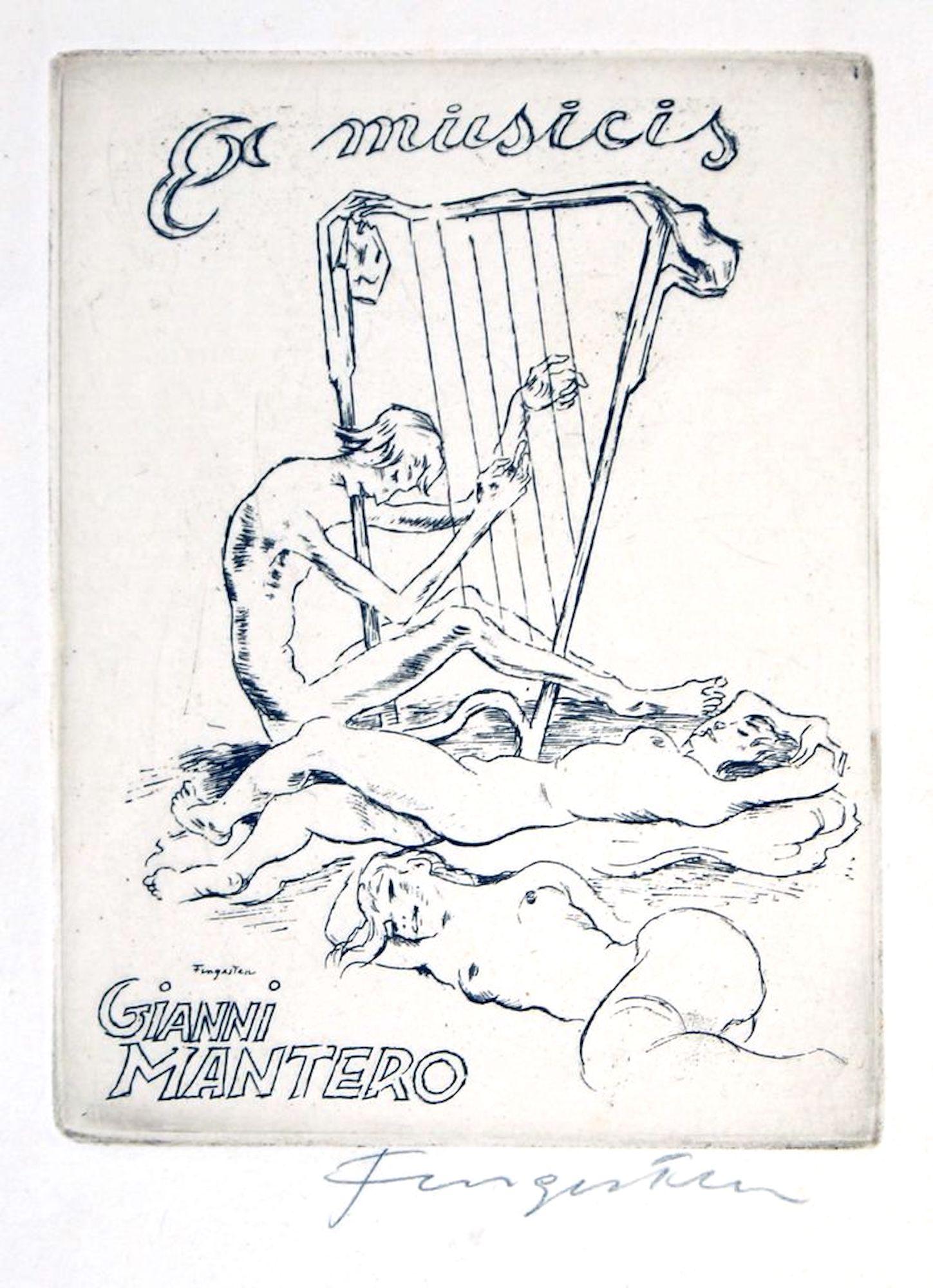 Michel Fingesten Figurative Print - Ex Musicis Gianni Mantero - Original Etching by M. Fingesten - Early 1900