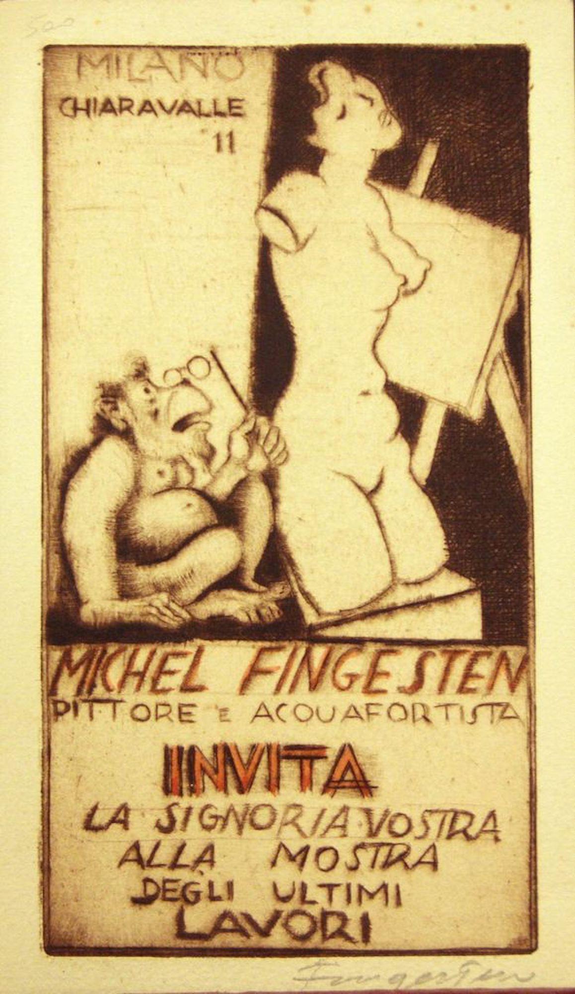 Michel Fingesten Figurative Print - Invitation to Your Excellency to the Exhibition of the last Artworks