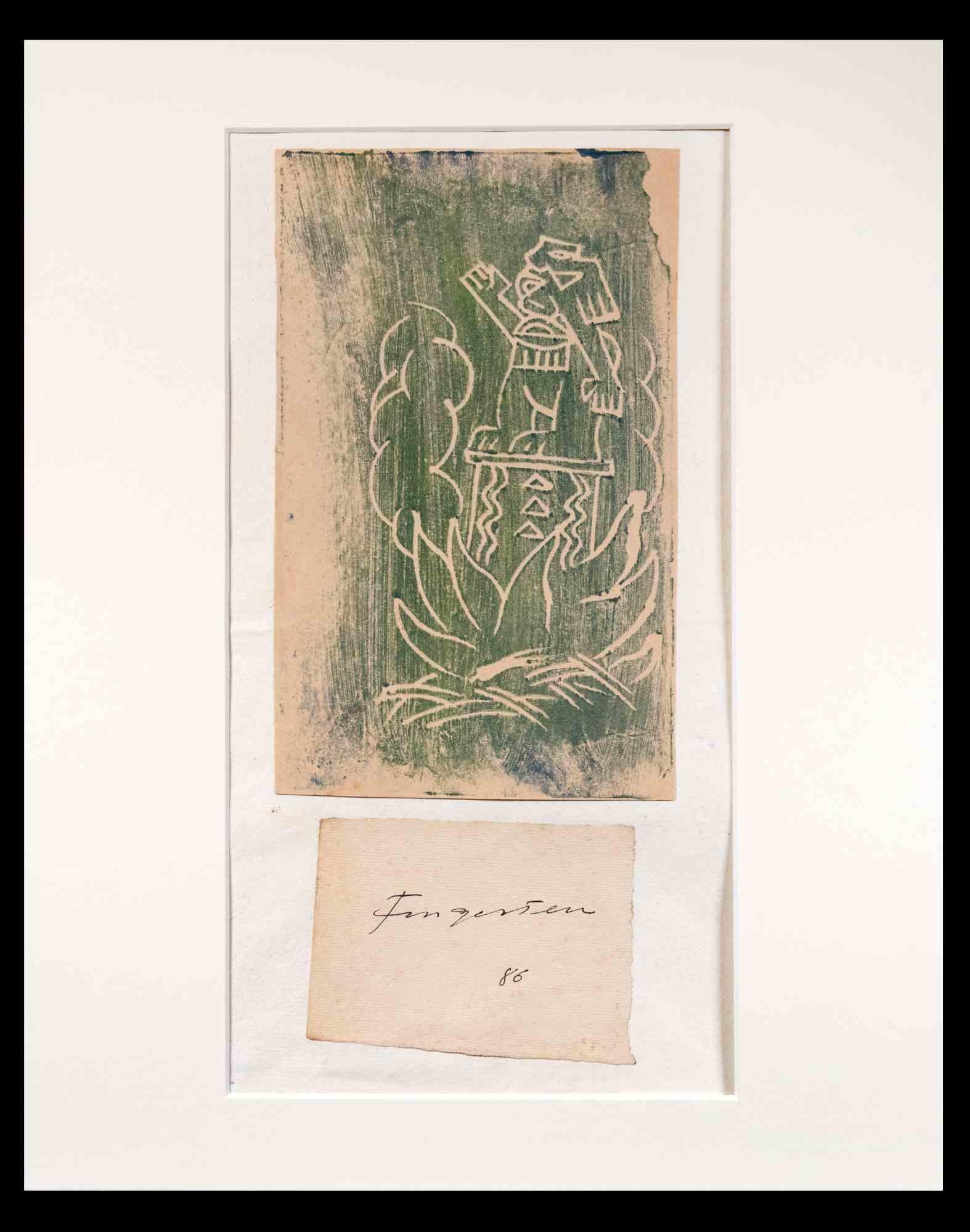 Man in pot  is a woodcut print realized by Michel Fingesten in 1930s. 

Above the woodcut representing a man with one hand raised and fire; underneath a card with the engraver's signature and the number 86. 

30x24 cm ; it includes passpartout.