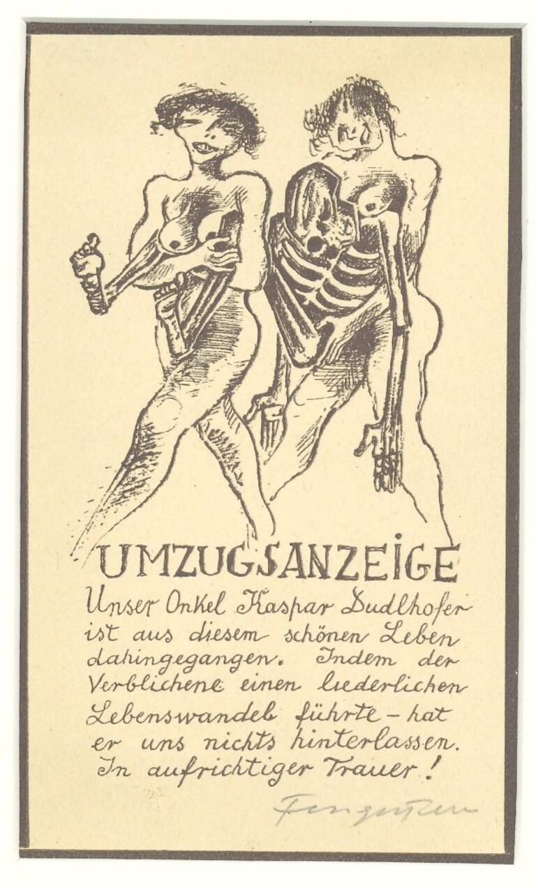 "Umzugsanzeige" es una xilografía sobre papel coloreado en marfil de Michel Fingesten, principios del siglo XX. Firmado a mano y con anotaciones manuscritas a lápiz.
En excelentes condiciones: Como nueva.

Michel Fingesten (1884 - 1943) fue un