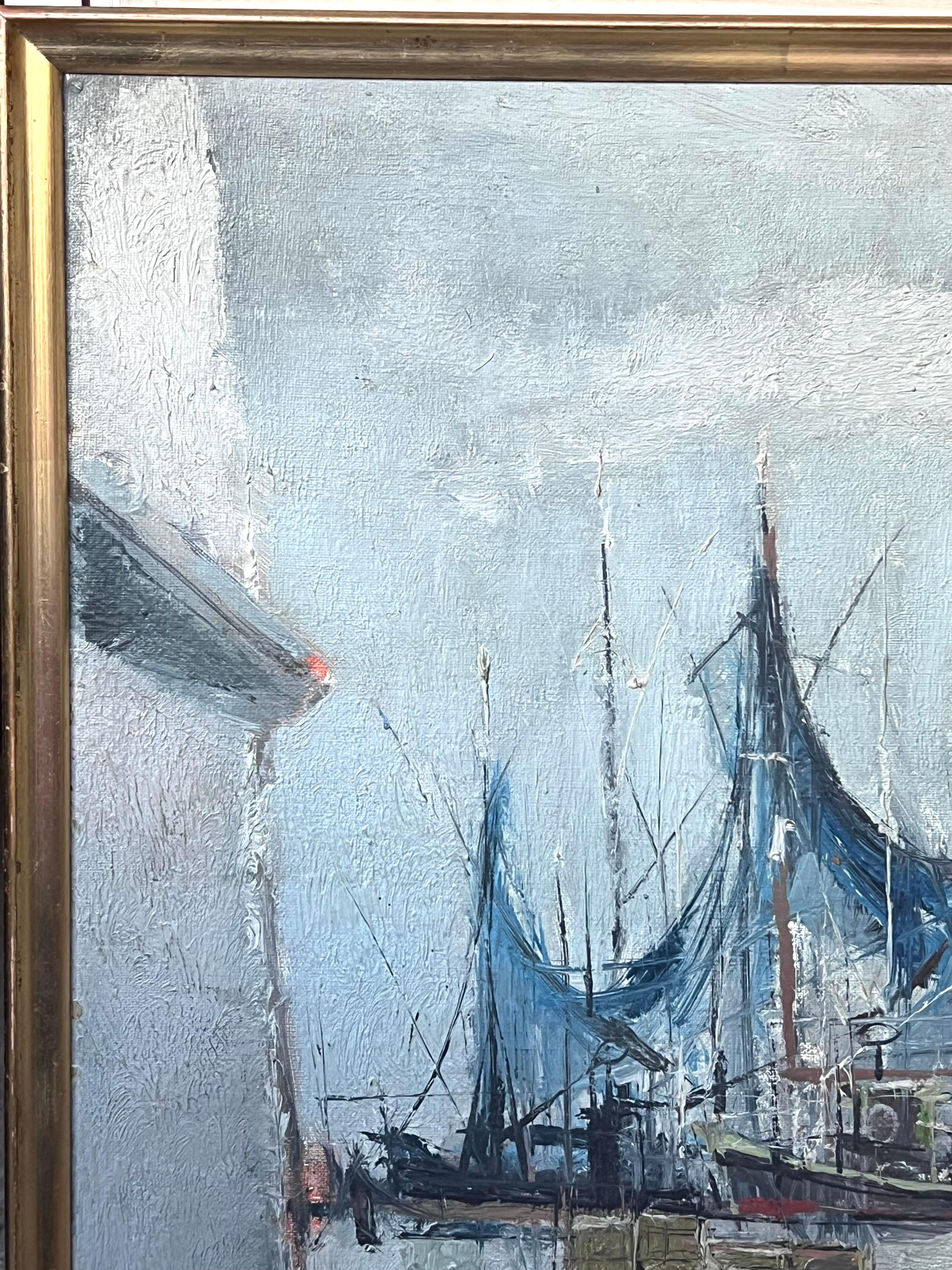 Französisches signiertes Ölgemälde Boote in Hafen Moody Grey, Mitte des 20. Jahrhunderts (Post-Impressionismus), Painting, von Michel Gassies