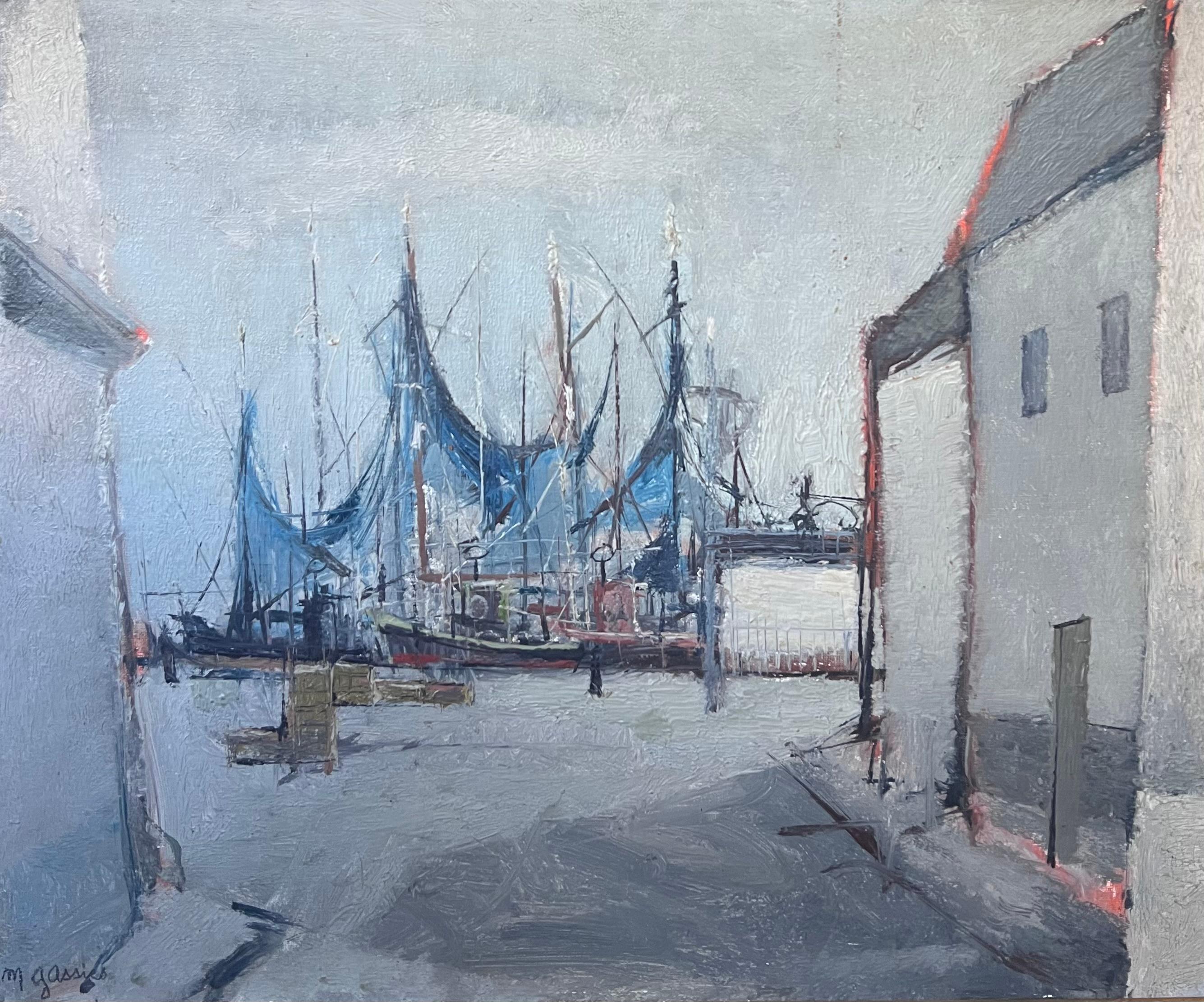 Französisches signiertes Ölgemälde Boote in Hafen Moody Grey, Mitte des 20. Jahrhunderts im Angebot 1