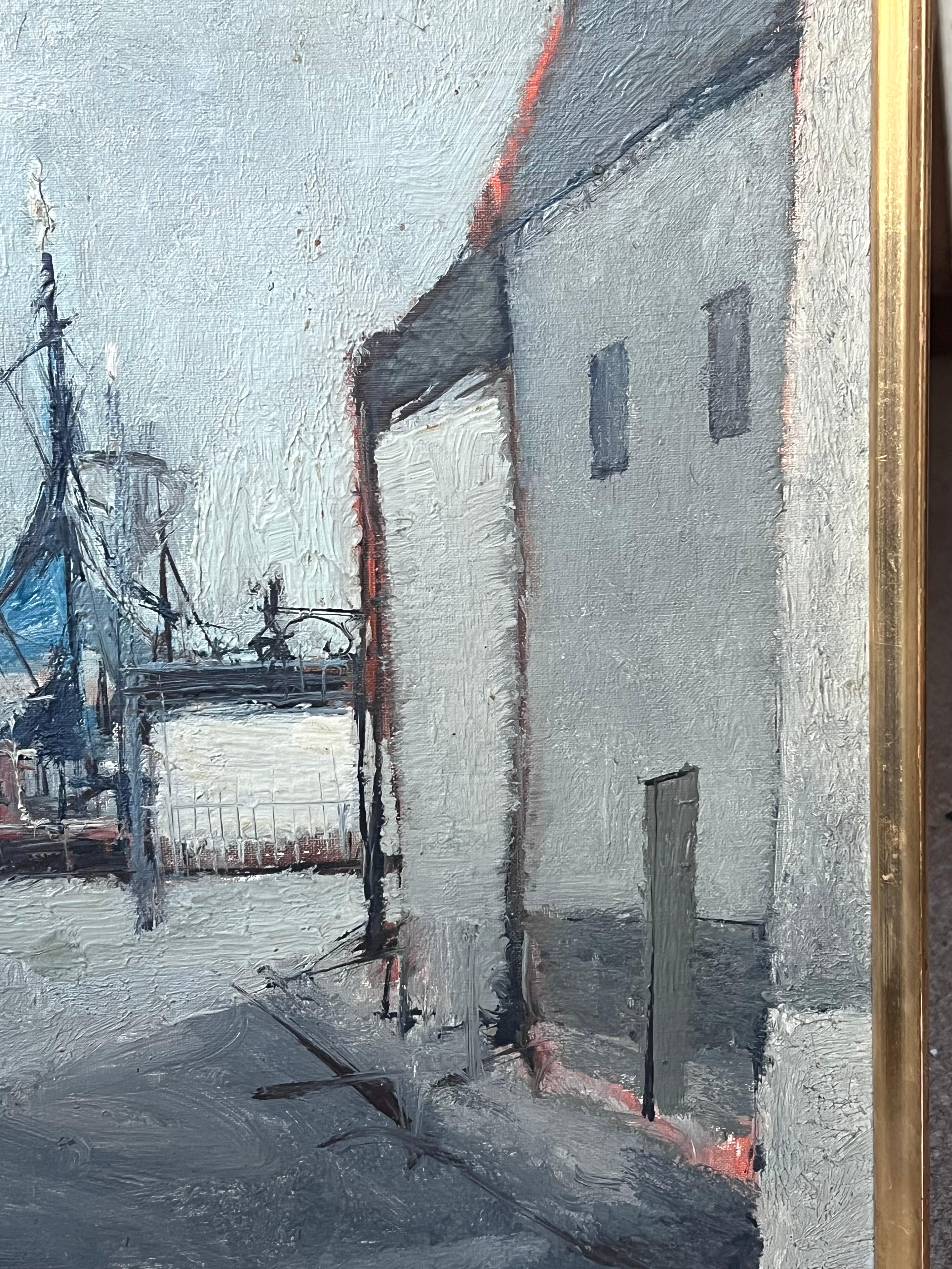 Französisches signiertes Ölgemälde Boote in Hafen Moody Grey, Mitte des 20. Jahrhunderts im Angebot 2