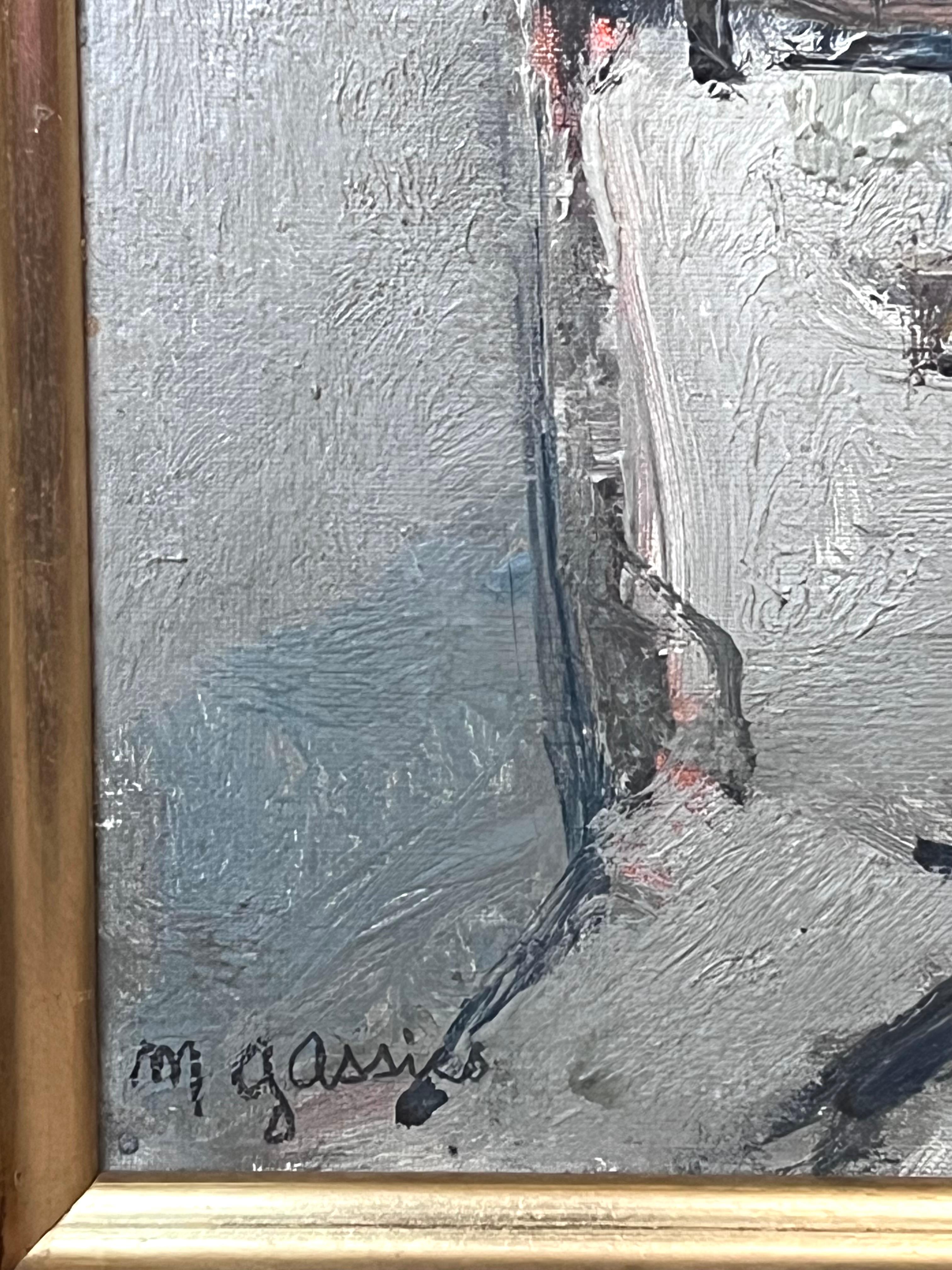 Französisches signiertes Ölgemälde Boote in Hafen Moody Grey, Mitte des 20. Jahrhunderts im Angebot 3