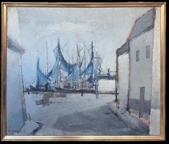 Französisches signiertes Ölgemälde Boote in Hafen Moody Grey, Mitte des 20. Jahrhunderts