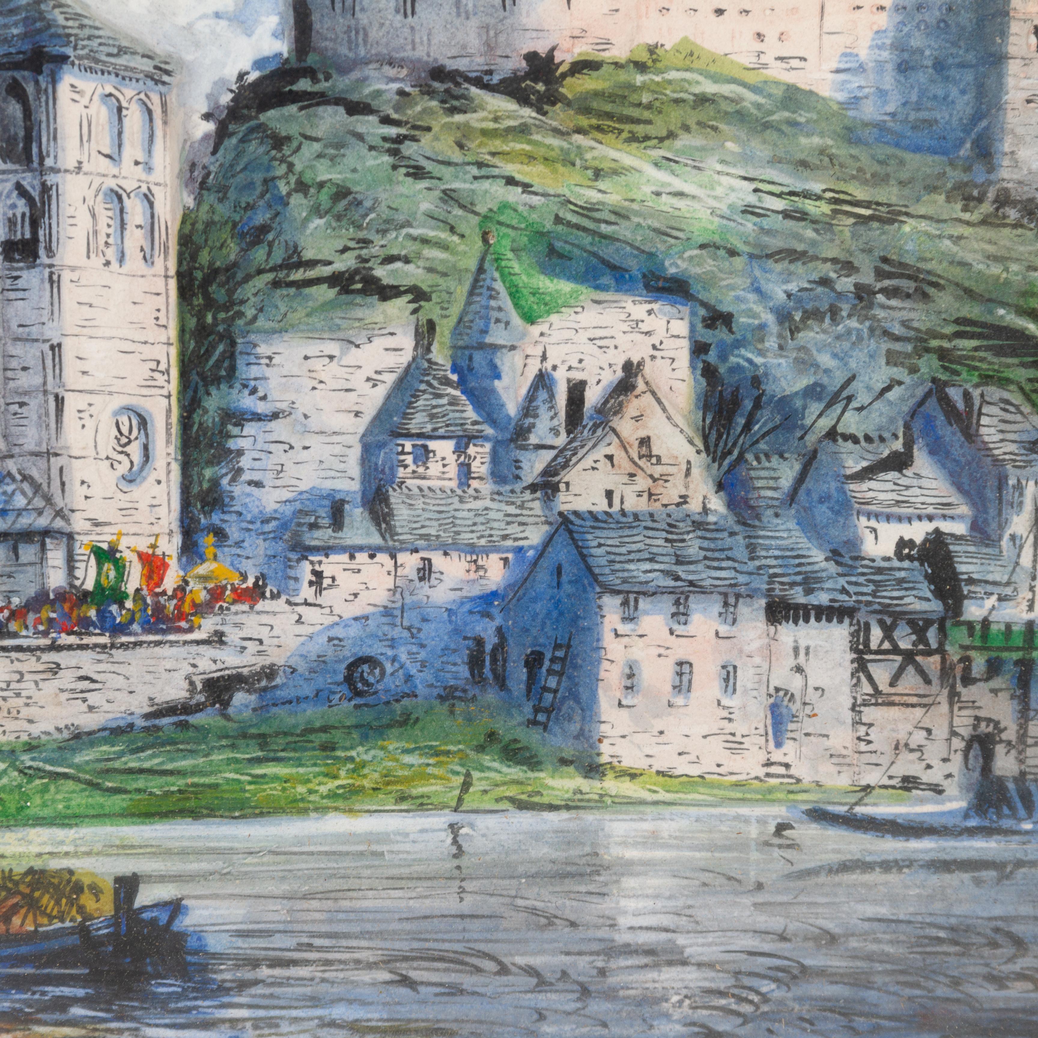 Michel Genot (1914-1986) Paisaje urbano de porcelana pintado a mano en bajorrelieve Earl Policromado en venta