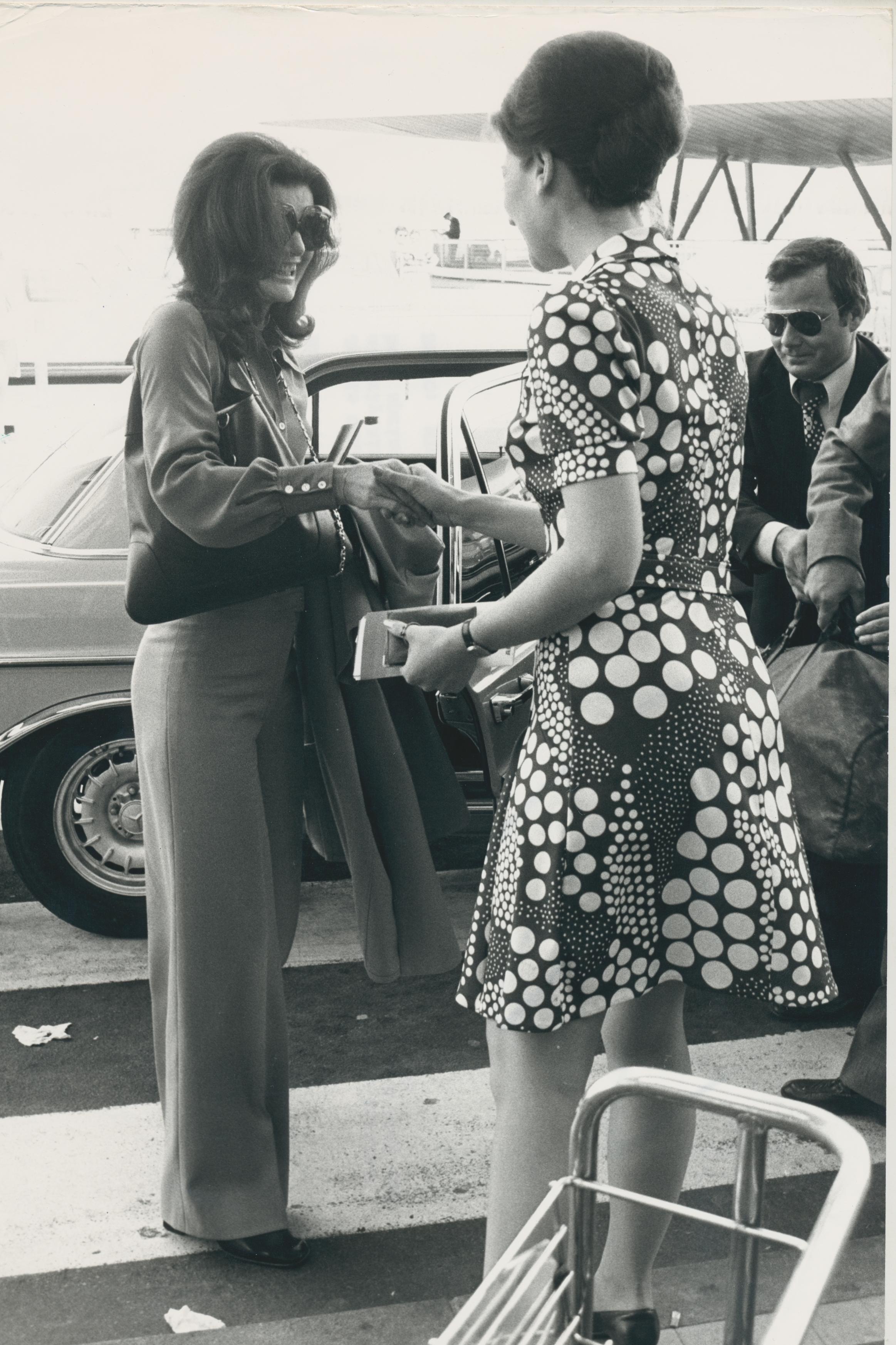 Jackie Kennedy at the Airport in Paris, France, ca. 1970s - Art by Michel Giniès