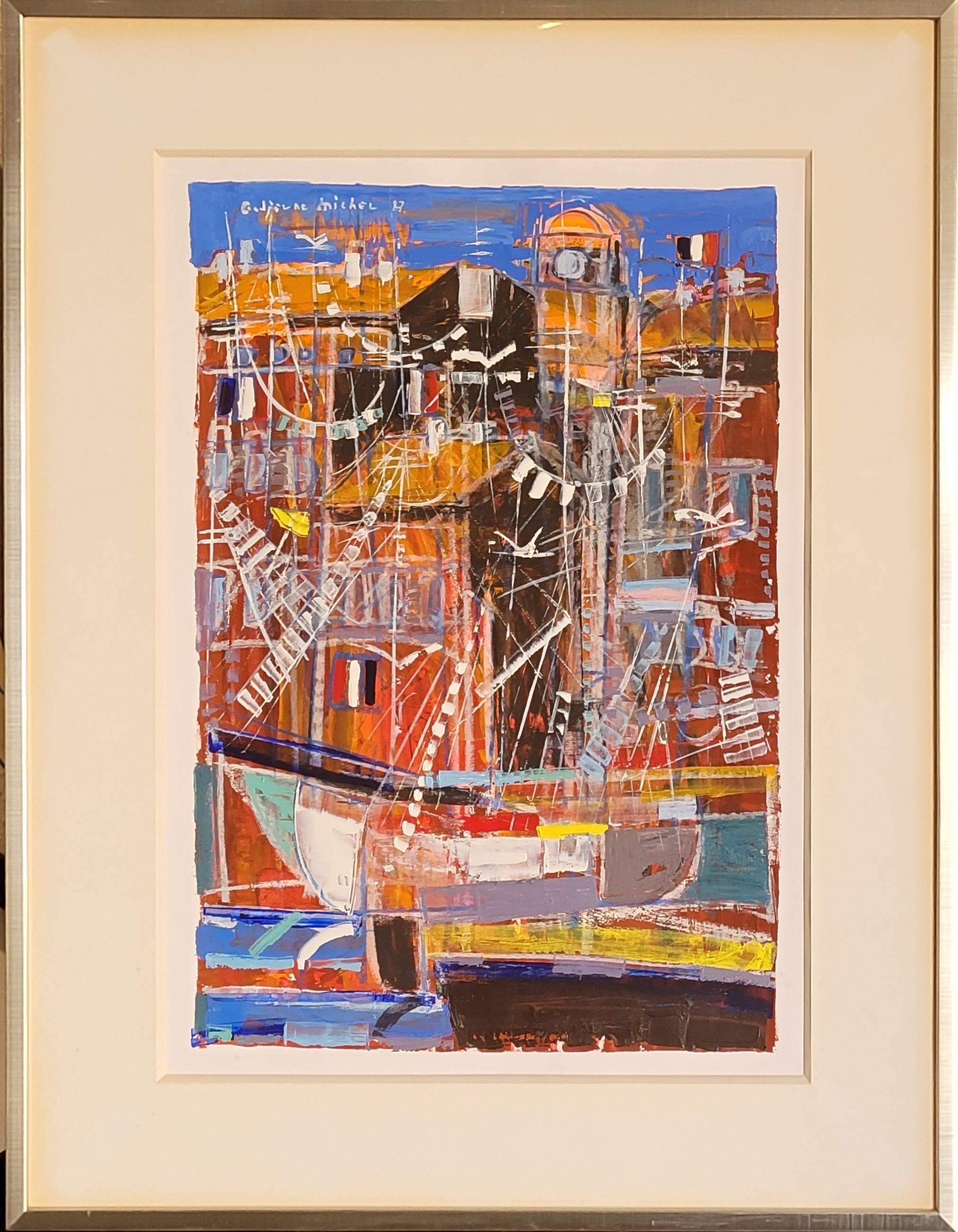 Landscape Painting Michel Godjevac - Le port de Saint-Tropez. Acrylique sur papier. 73cm x 57cm.