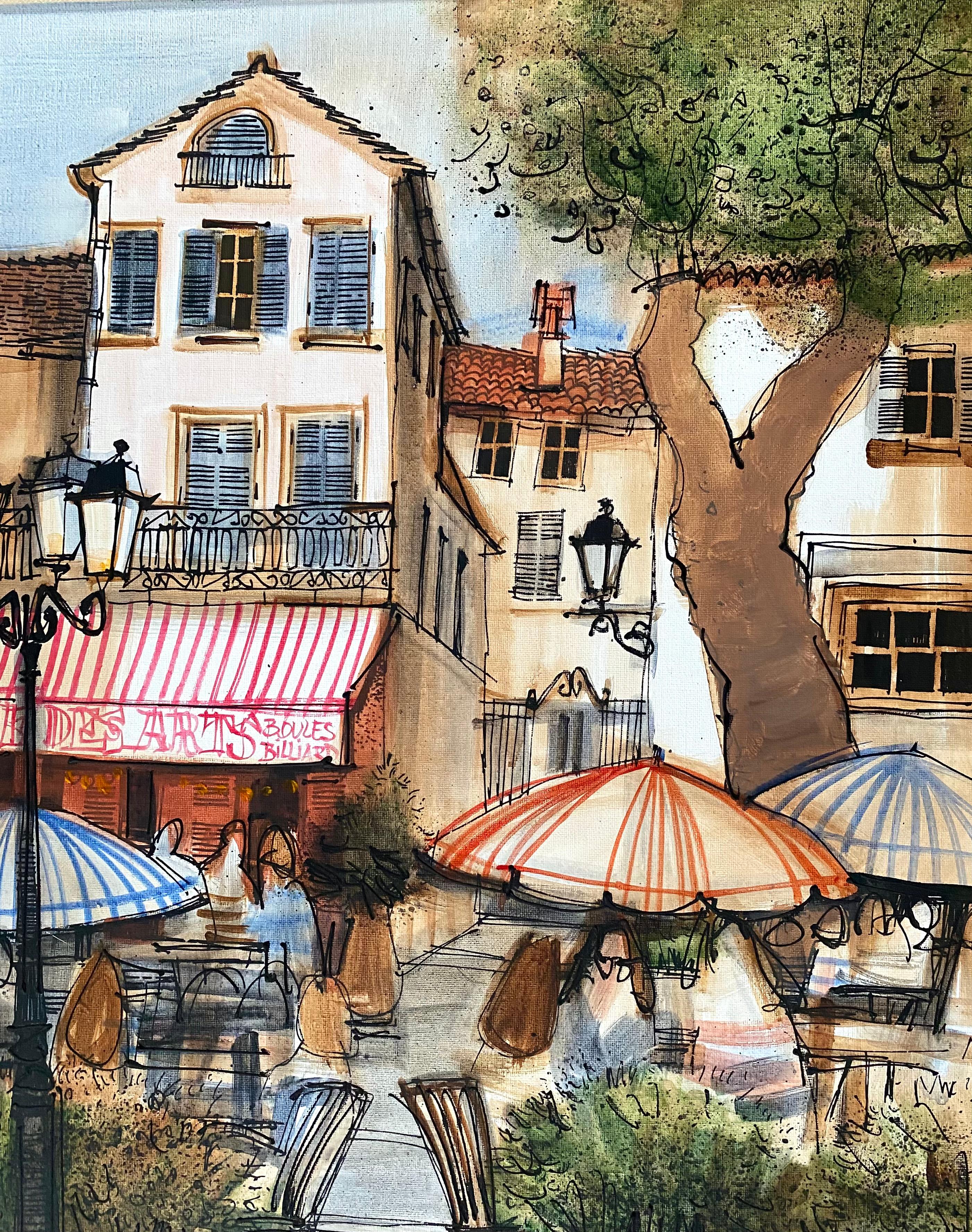 Original acrylic on canvas painting by the well known Saint Tropez artist,  Michel Guy Nochet. Signed lower right,  “Guy Nochet. Dated in pencil
on frame verso,  1983.  Condition is excellent. Cafe des Arts is an iconic cafe in St. Tropez that is