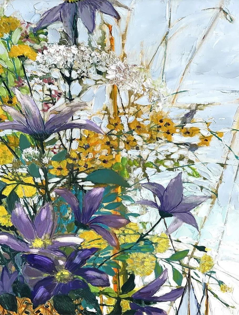Mid-20th Century Oil on Canvas Floral Still Life with Nautical Background Painting by Michel Henri (1928-2016). Painting depicts a lush purple and yellow floral arrangement arranged in a wicker basket, set against the backdrop of a serene harbor