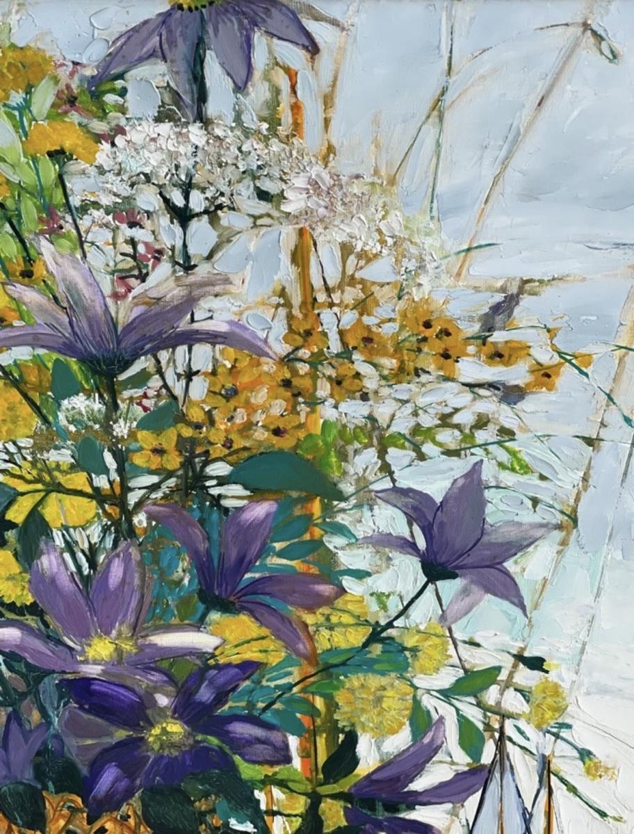 Mid-Century Modern Michel Henri Floral Still Life with Nautical Background Painting For Sale