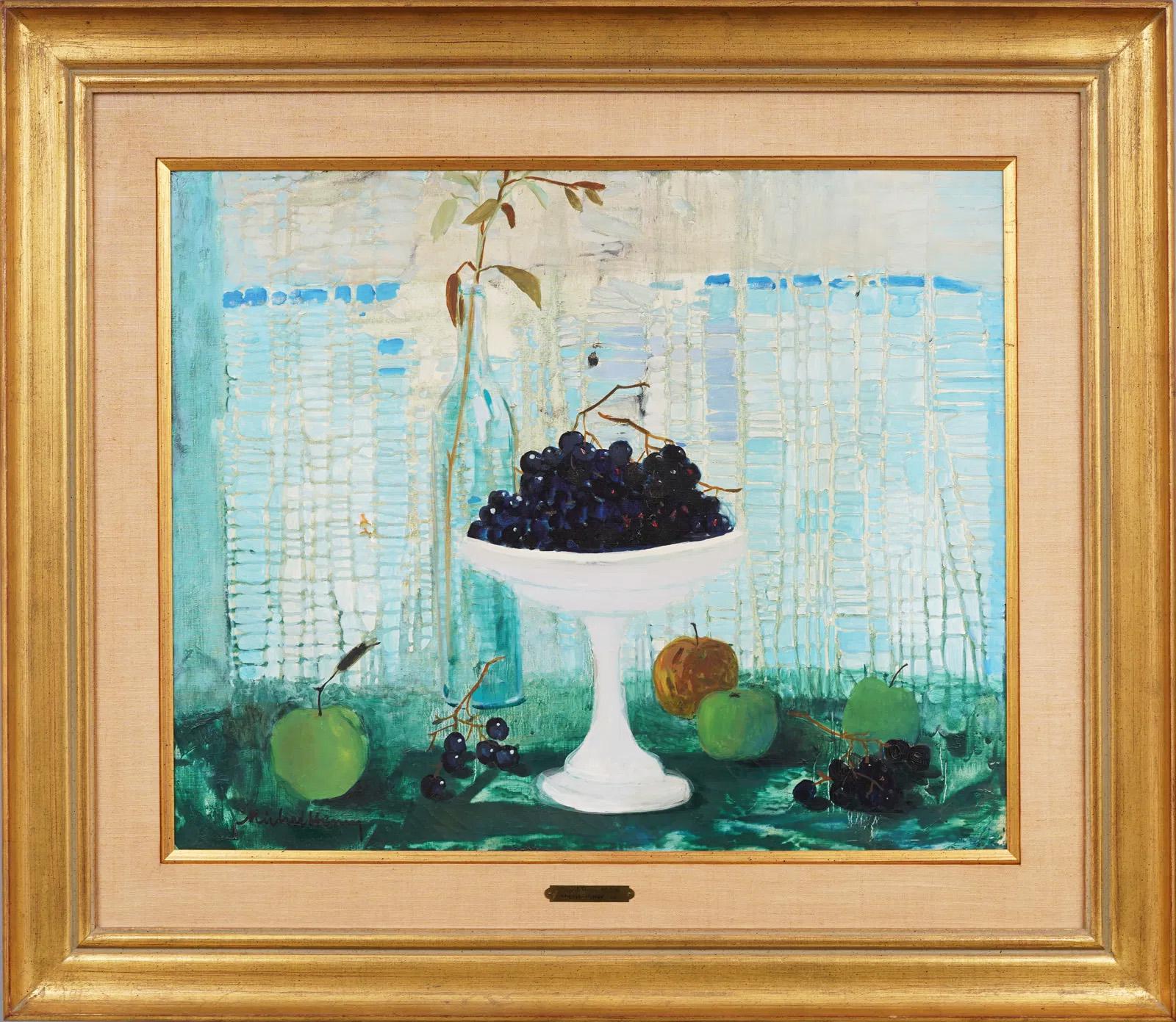 Antique French Modernist Enmarcado Gran bodegón de frutas y flores Pintura al óleo de París - Painting de Michel Henry