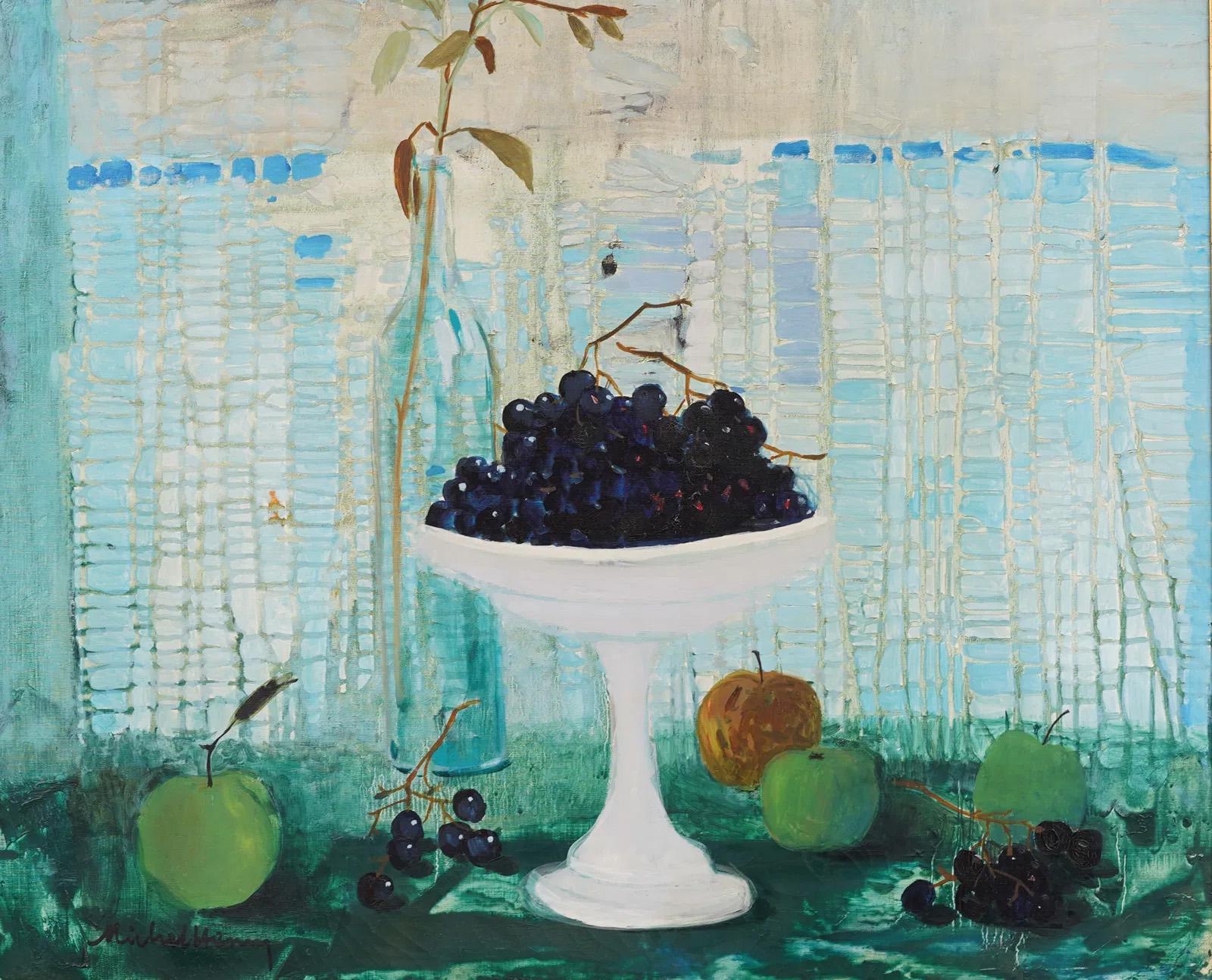 Antique French Modernist Enmarcado Gran bodegón de frutas y flores Pintura al óleo de París - Painting Moderno de Michel Henry