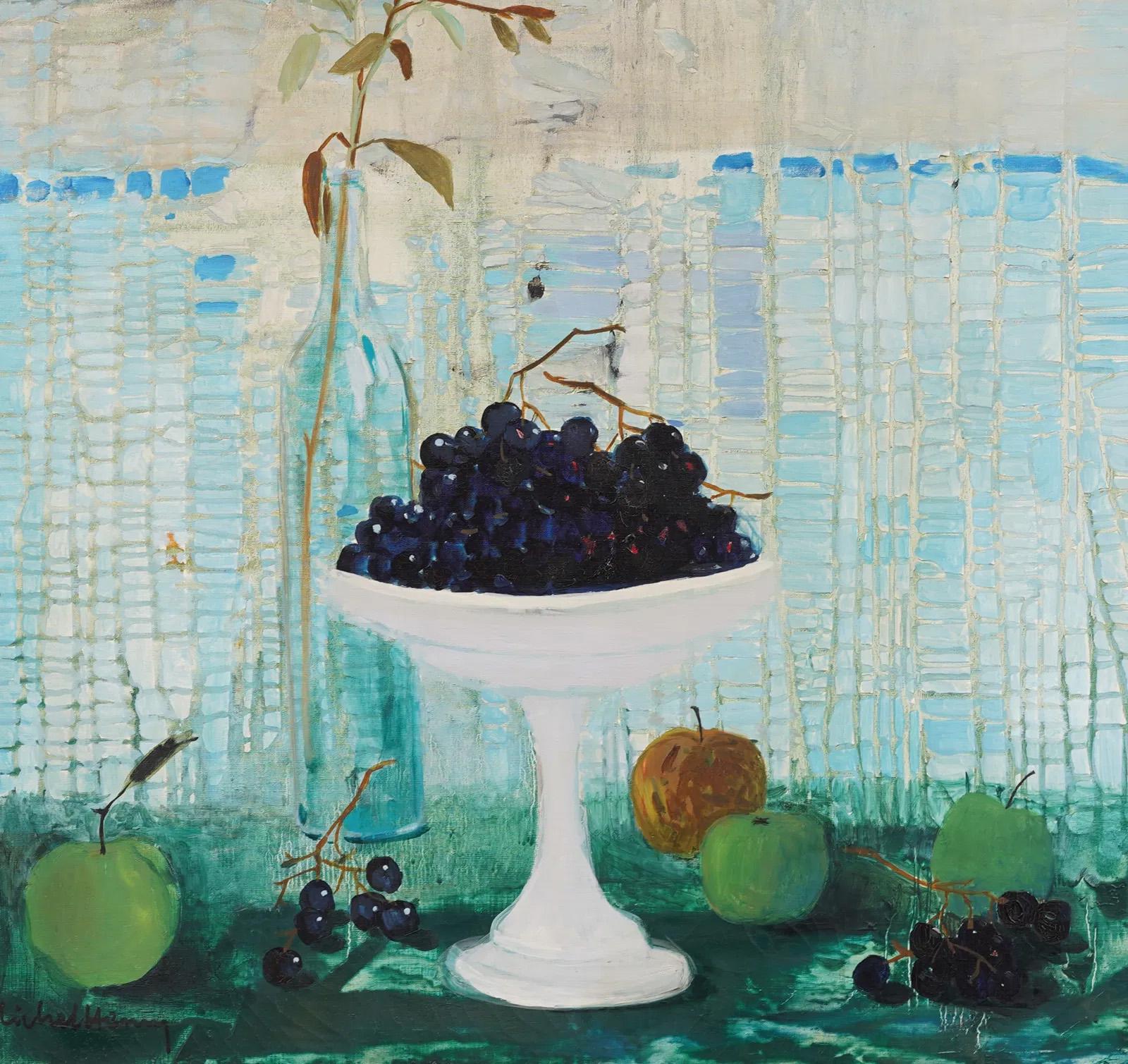 Antique French Modernist Enmarcado Gran bodegón de frutas y flores Pintura al óleo de París - Still-Life Painting Beige de Michel Henry
