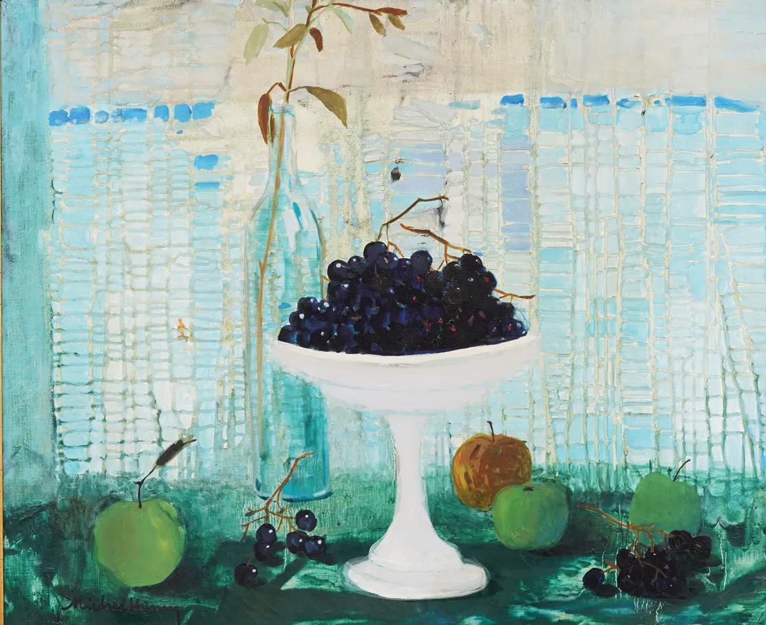 Antique French Modernist Enmarcado Gran bodegón de frutas y flores Pintura al óleo de París 1