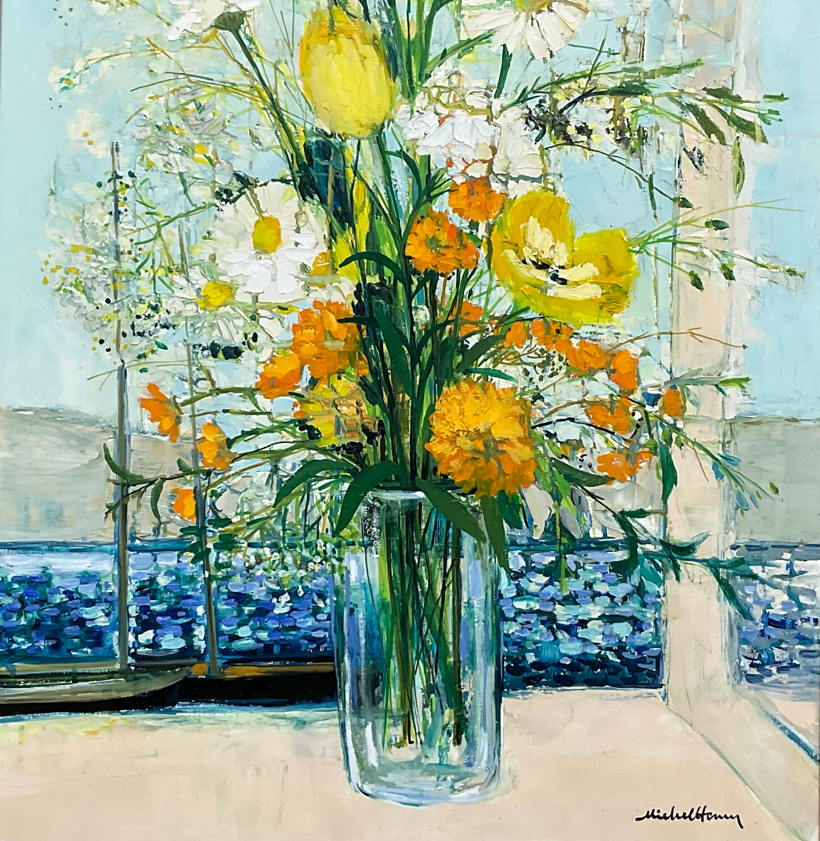 Französischer Impressionist Michel Henry,  Gemälde „Palm Beach Seaside“ (Leinwand) im Angebot