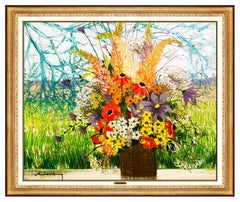 Michel Henry Large Original Painting Oil On Canvas Flowers Landscape Signed Art