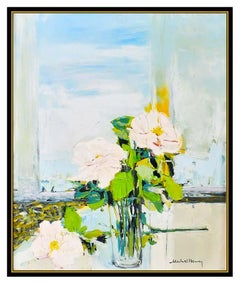 Michel Henry Original Painting Oil On Canvas Signed Floral Still Life Framed Art