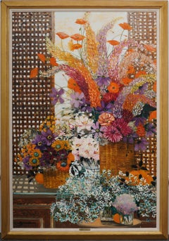 Monumental Vintage French Impressionist Flower Still Life Framed Oil Painting