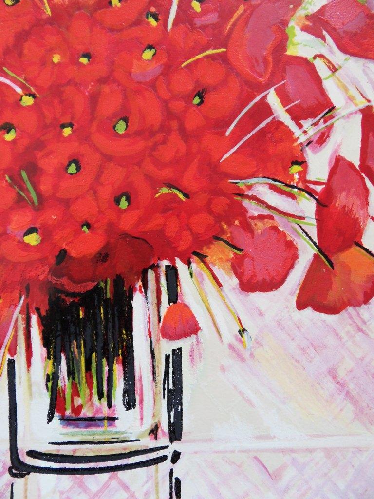 A Bouquet of Poppies - Original Handsigned Silkscreen - Beige Still-Life Print by Michel Henry