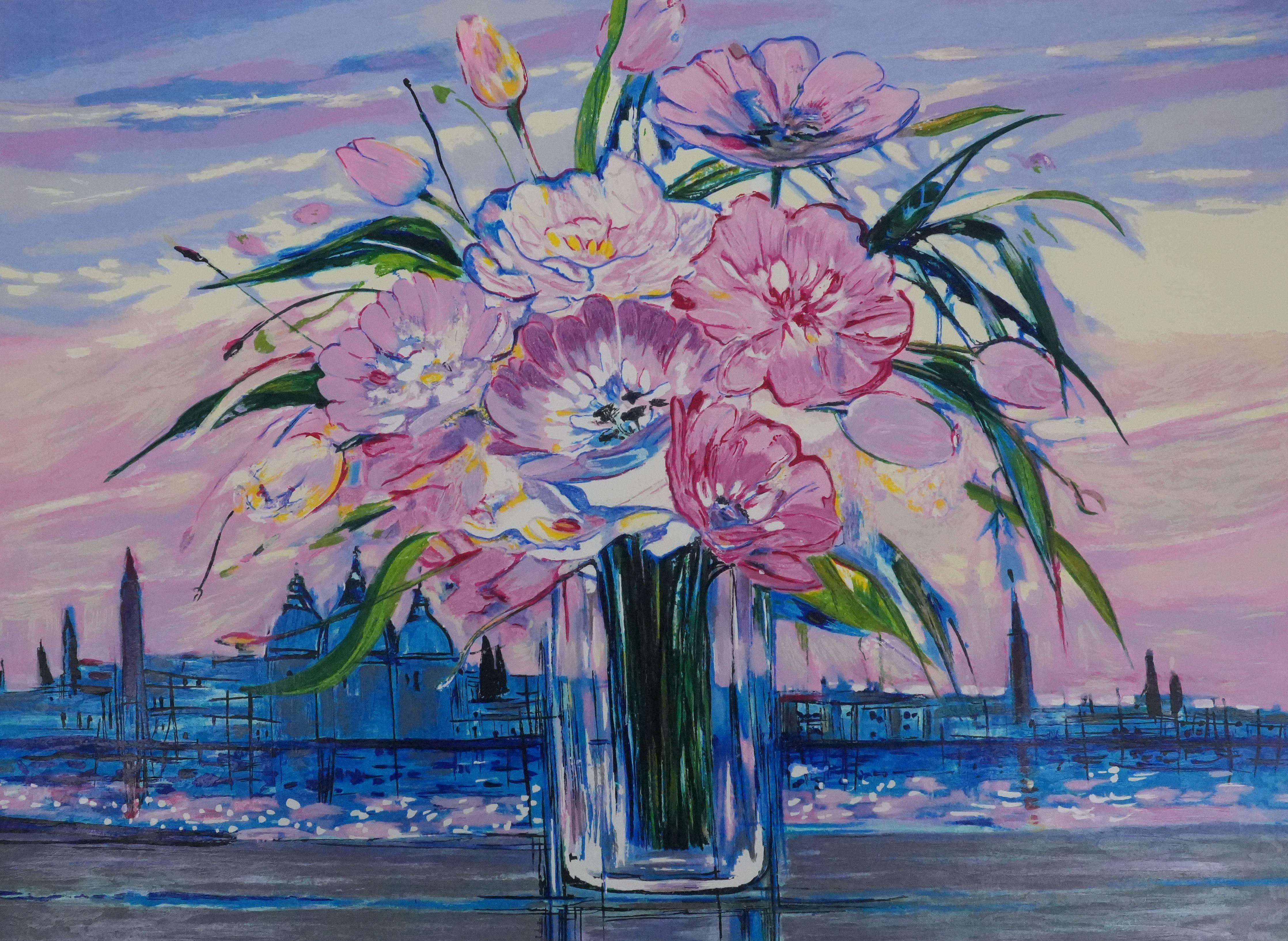 Blumenstrauß unter einem rosa Himmel - Original-Siebdruck – Print von Michel Henry