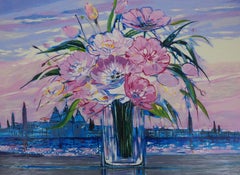 Bouquet of Flowers under a Pink Sky - Original Screenprint