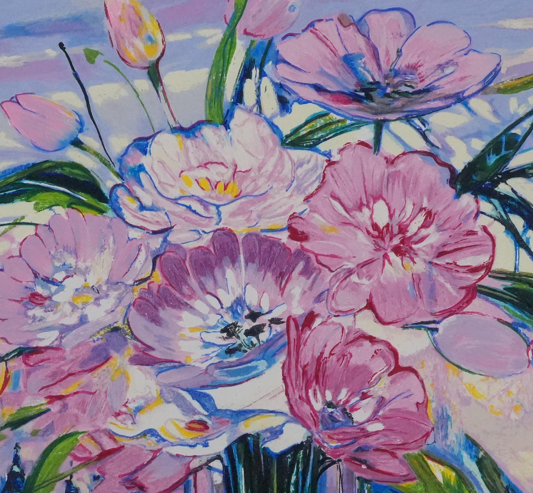 Blumenstrauß unter einem rosa Himmel - Original-Siebdruck (Realismus), Print, von Michel Henry