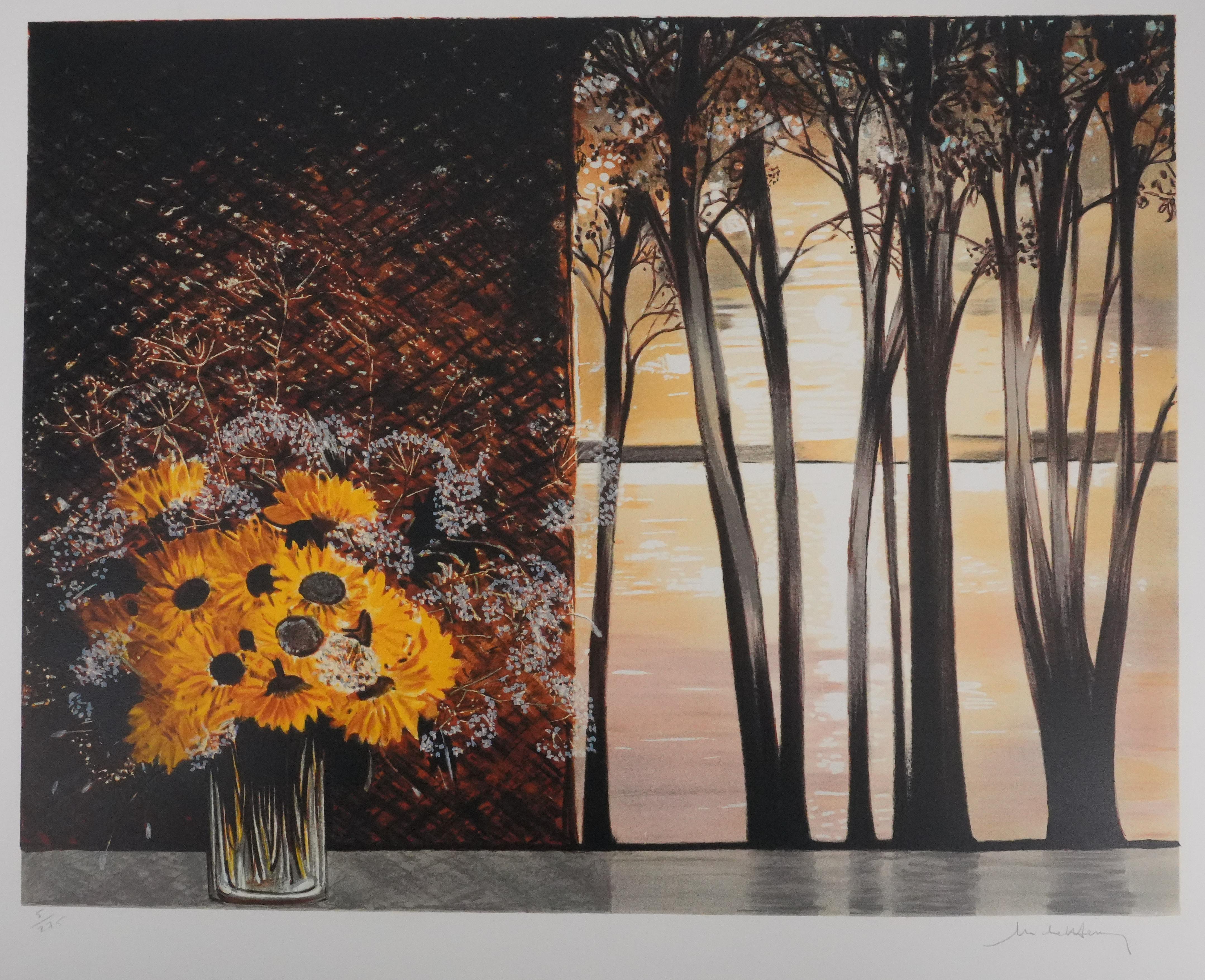 Bouquet of Yellow Flowers - Original Handsigned Lithograph - Realist Print by Michel Henry