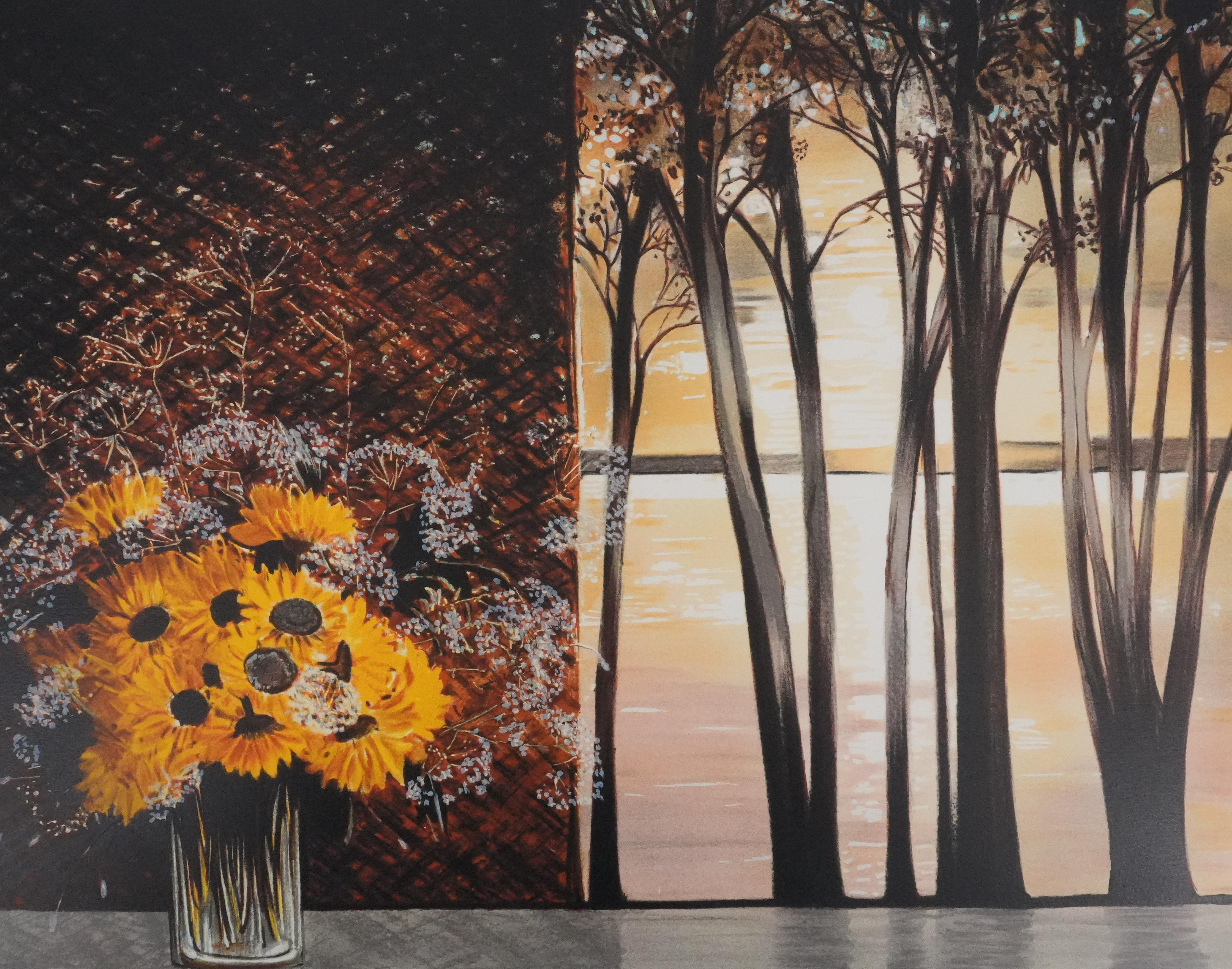 Bouquet of Yellow Flowers - Original Handsigned Lithograph - Gray Still-Life Print by Michel Henry