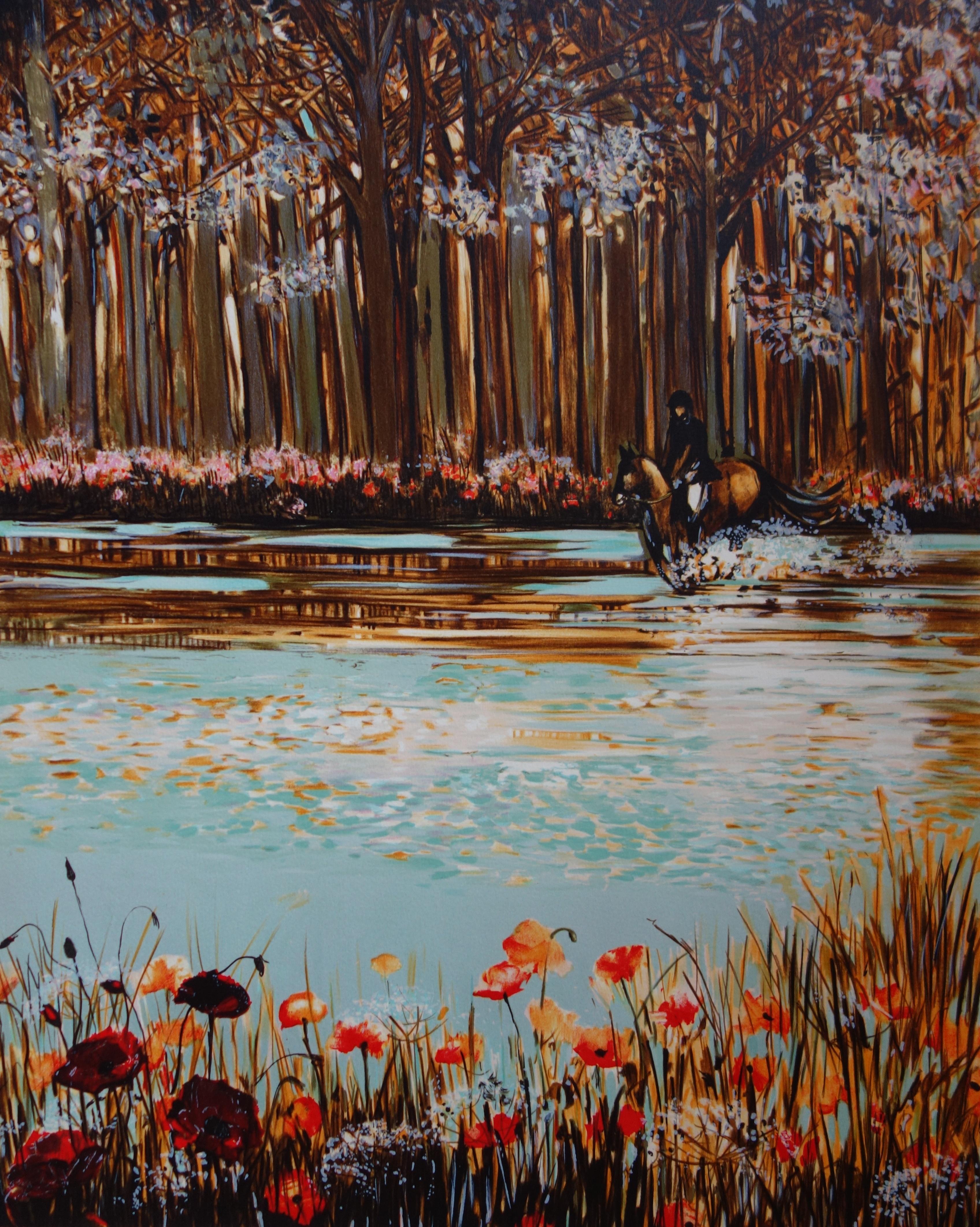 Horseman in the Poppy-Covered Undergrowth - Original handsigned lithograph - Realist Print by Michel Henry