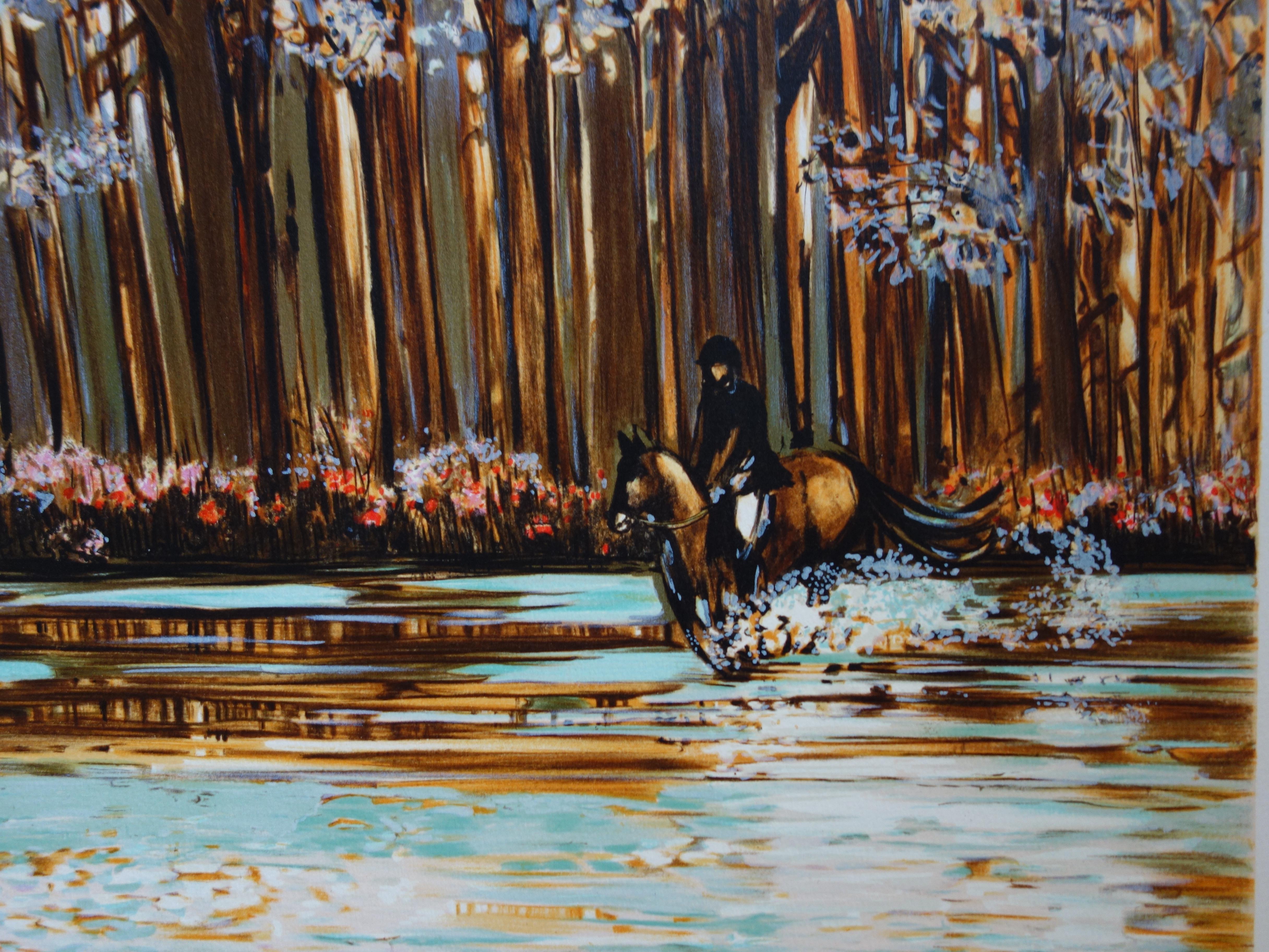 Horseman in the Poppy-Covered Undergrowth - Original handsigned lithograph - Gray Landscape Print by Michel Henry