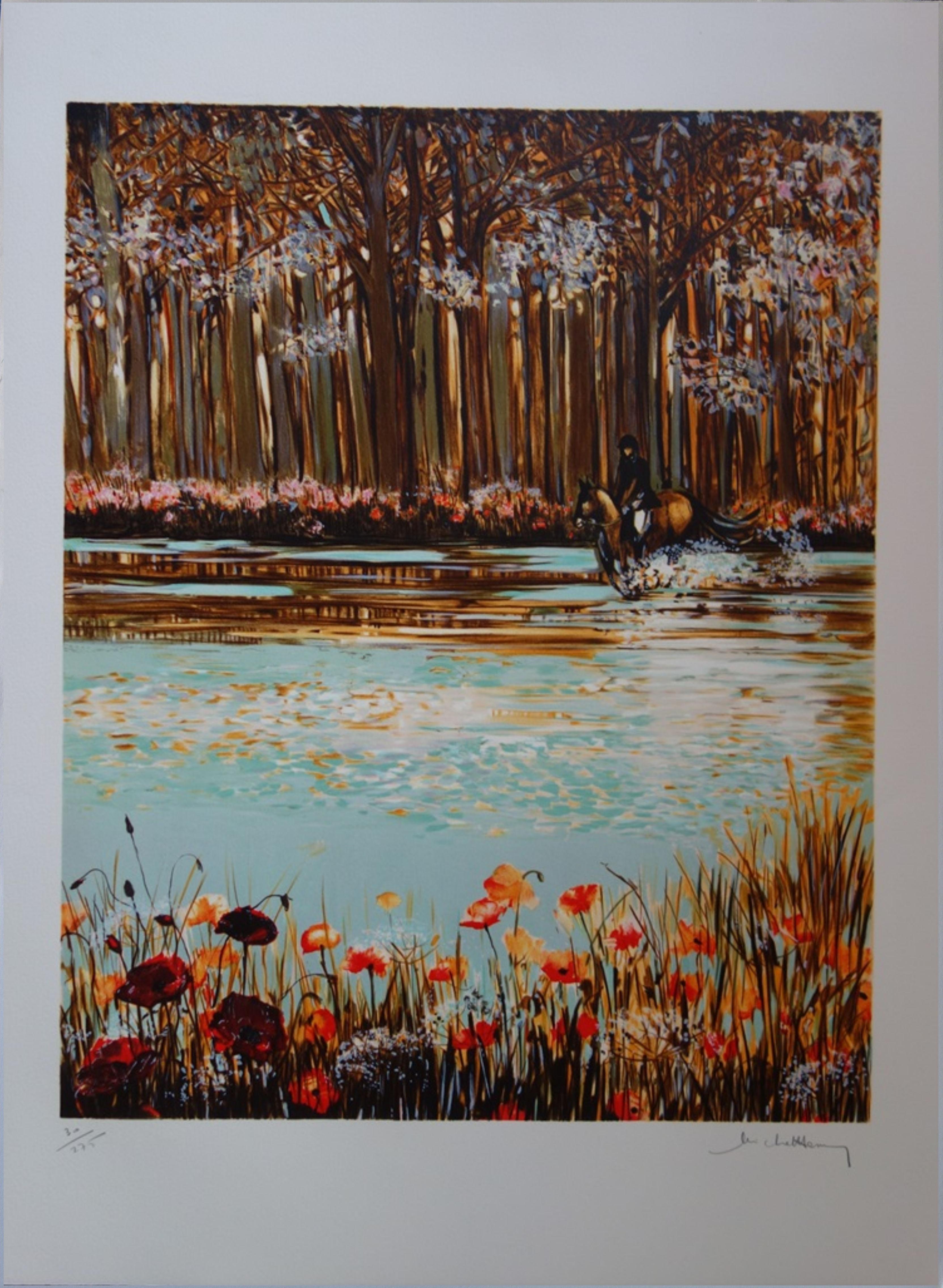 Michel Henry Landscape Print – Reiter im mohnbedeckten Unterholz - Original handsignierte Lithografie