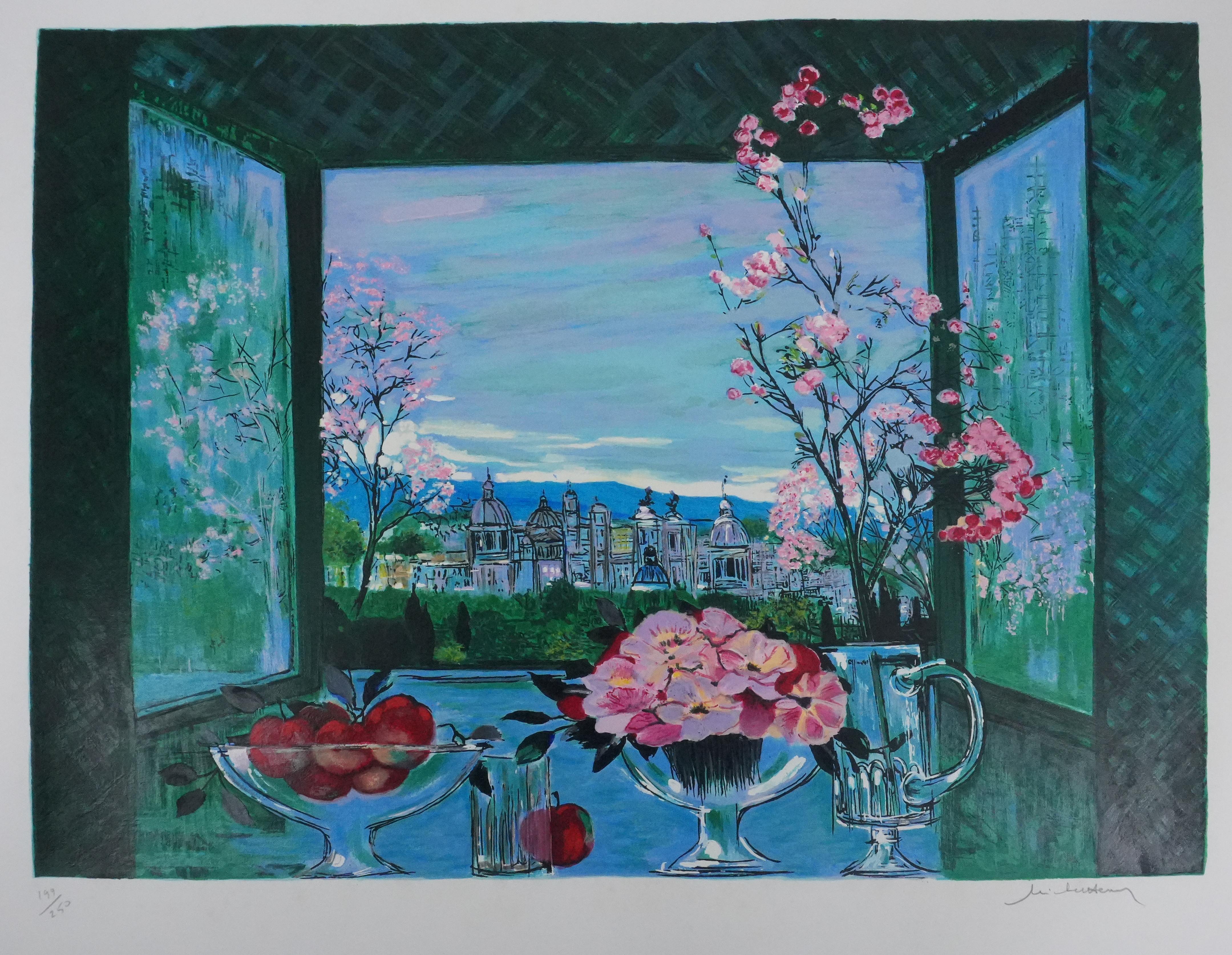 Still Life Overlooking the City - Original Handsigned Screenprint - Realist Print by Michel Henry