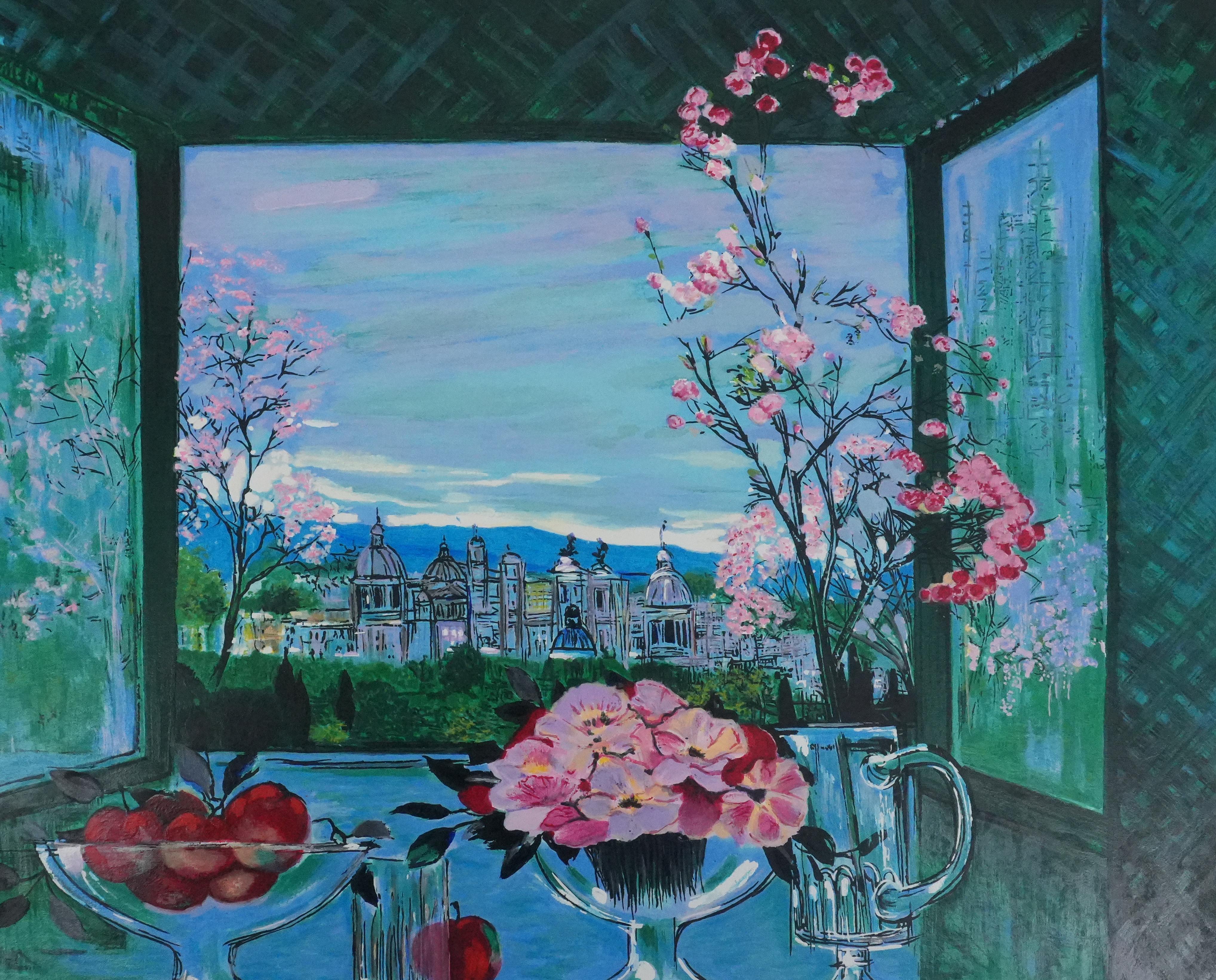 Still Life Overlooking the City - Original Handsigned Screenprint - Gray Still-Life Print by Michel Henry