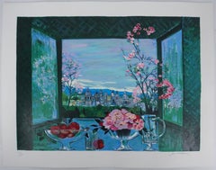 Natura morta con vista sulla città - Serigrafia originale firmata a mano