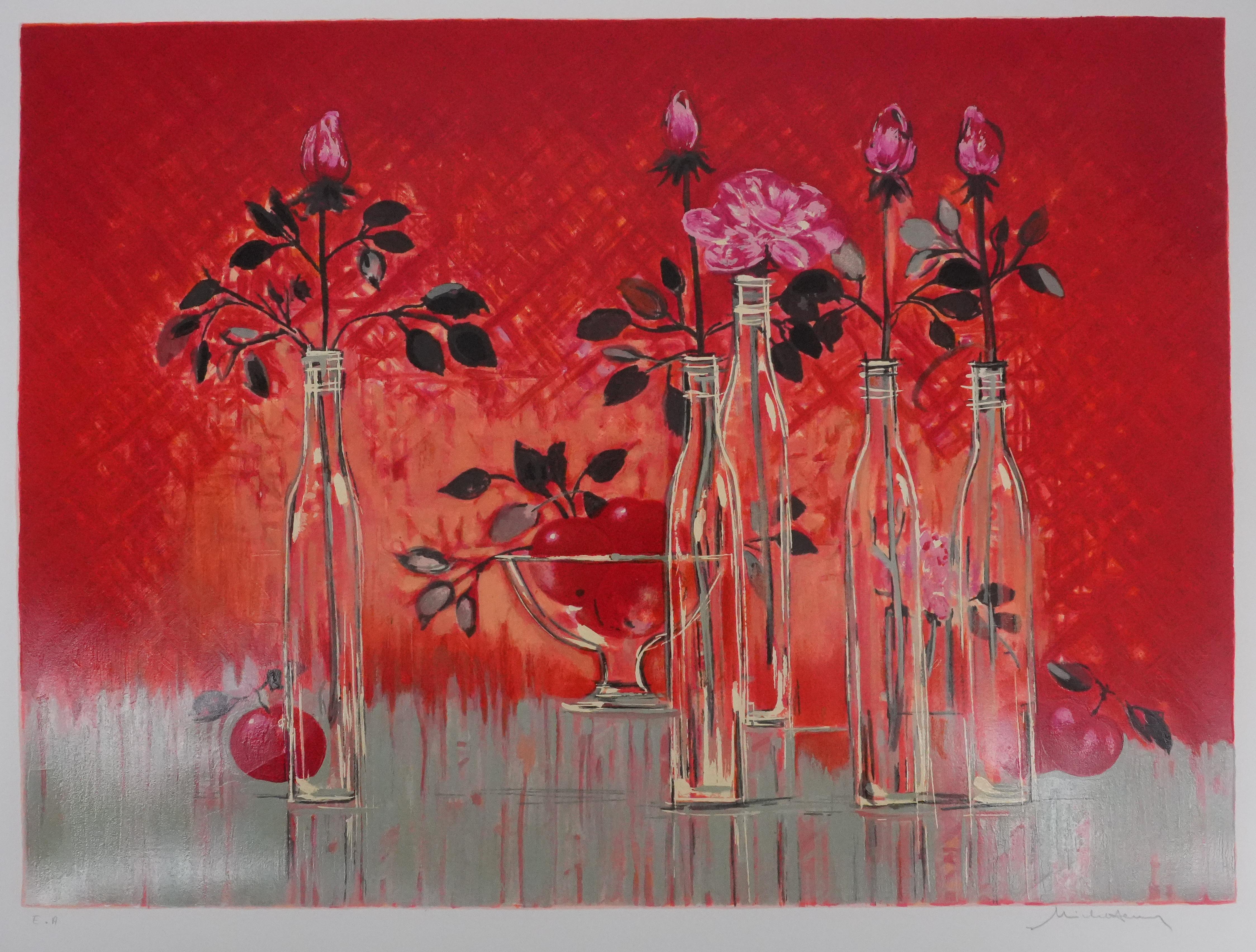 Still Life with a Red Background - Original Handsigned Screenprint - Realist Print by Michel Henry