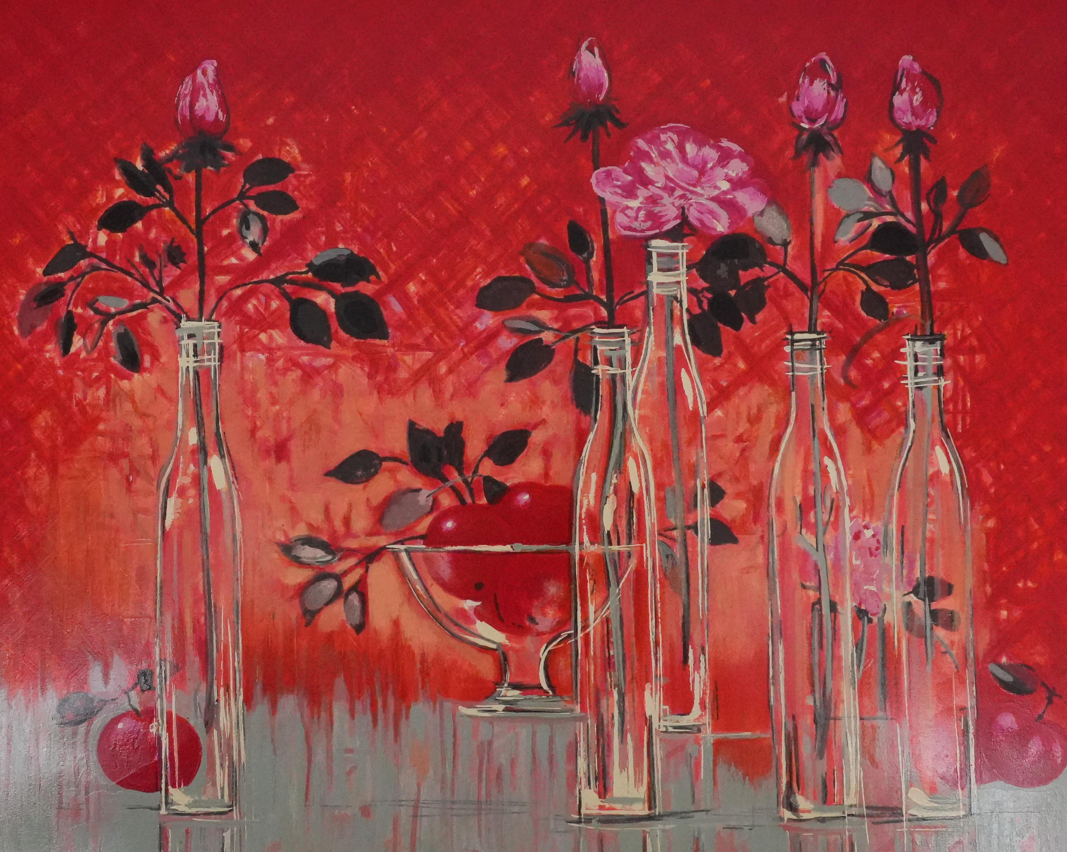 Still Life with a Red Background - Original Handsigned Screenprint - Brown Still-Life Print by Michel Henry