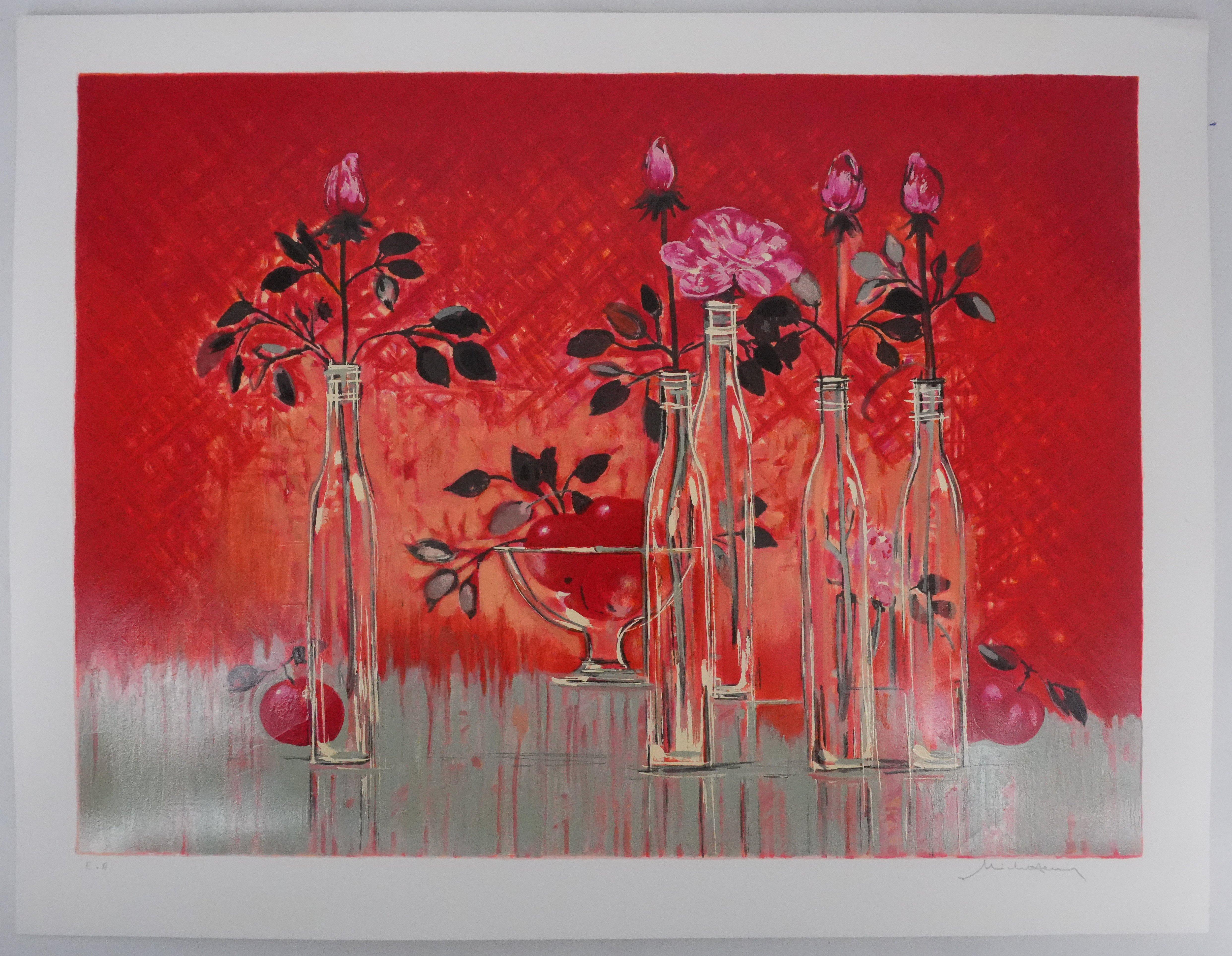 Michel Henry Still-Life Print - Still Life with a Red Background - Original Handsigned Screenprint