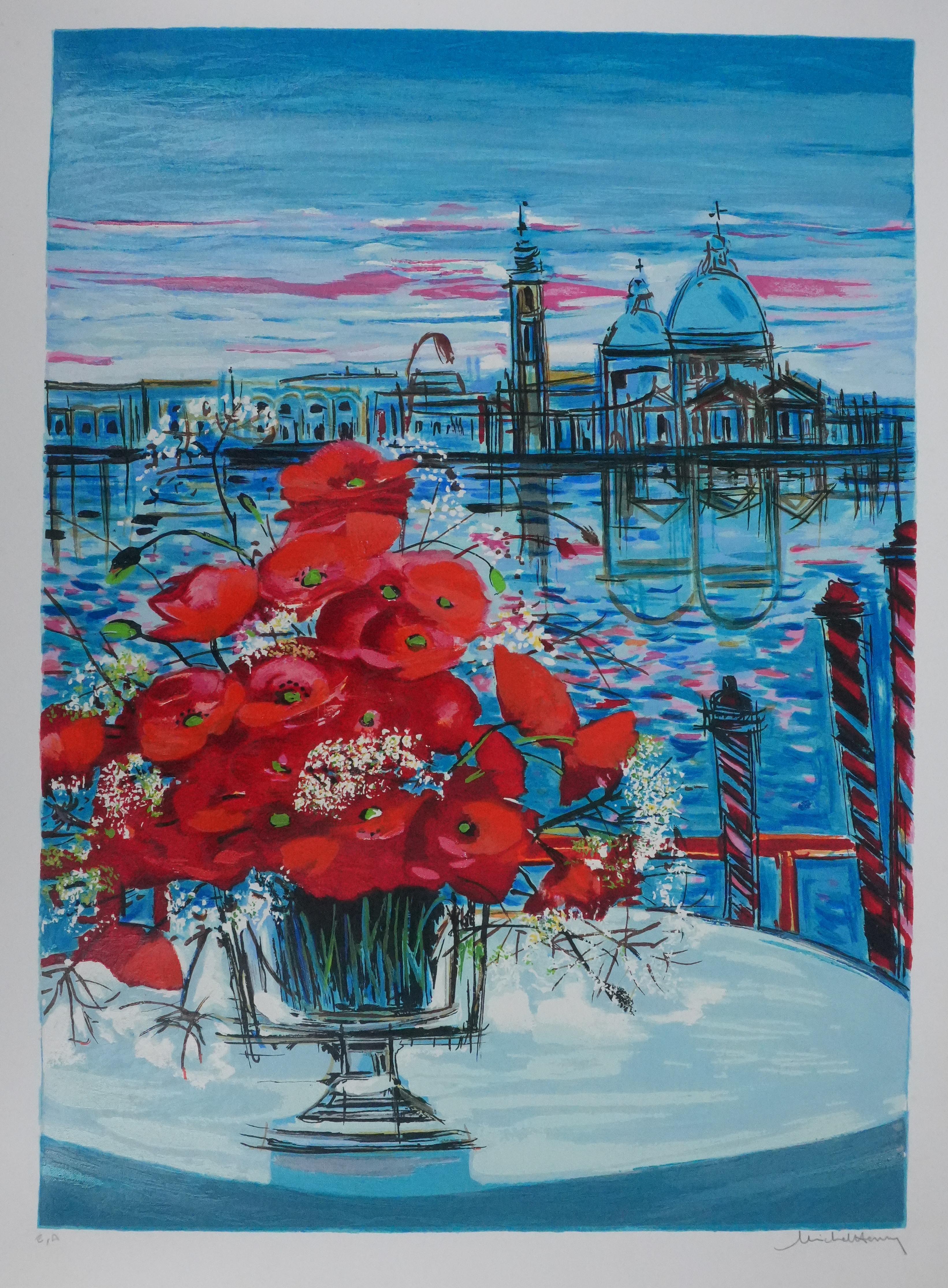 The Vase with Poppies - Original Handsigned Screenprint - Realist Print by Michel Henry