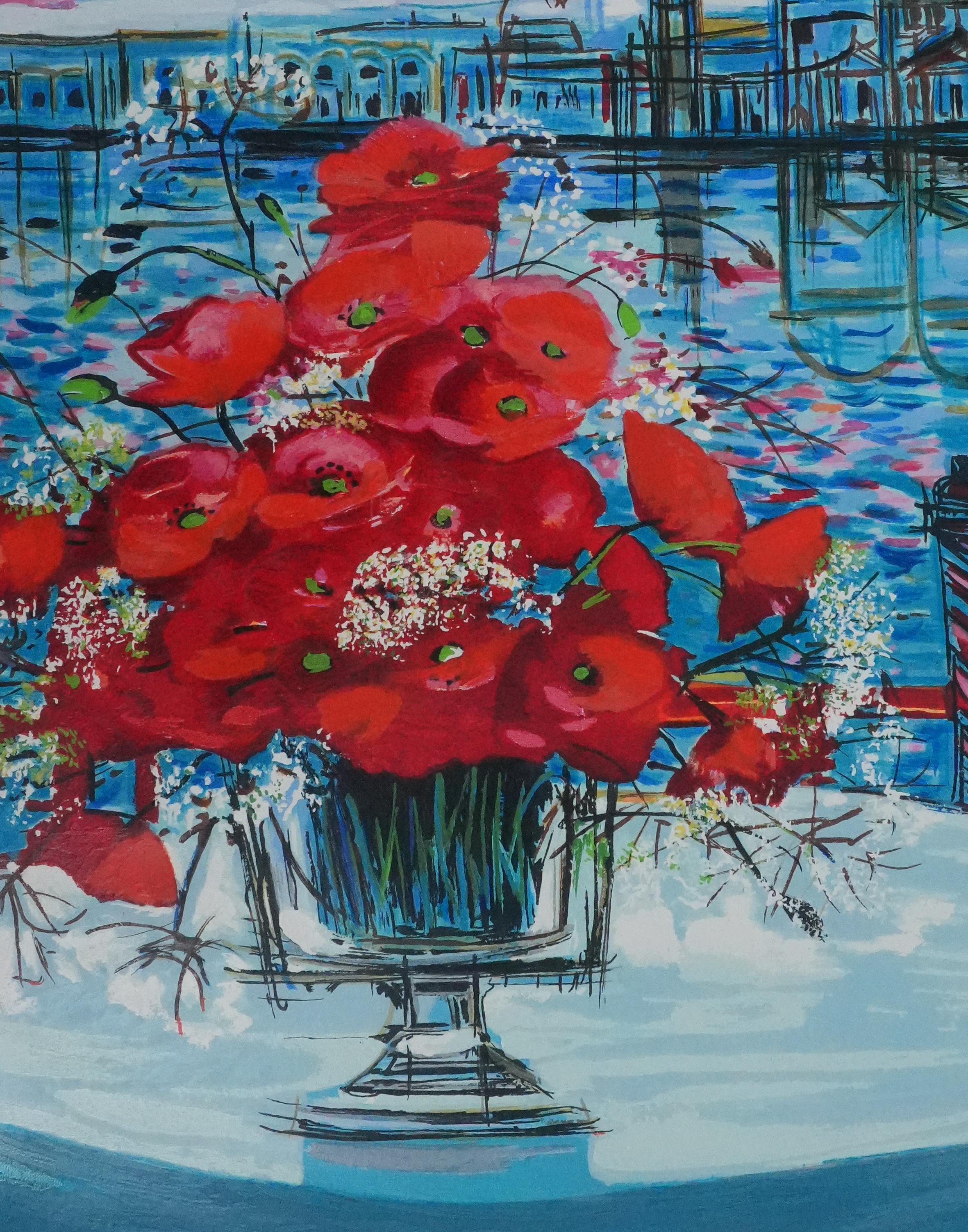 The Vase with Poppies - Original Handsigned Screenprint - Blue Still-Life Print by Michel Henry
