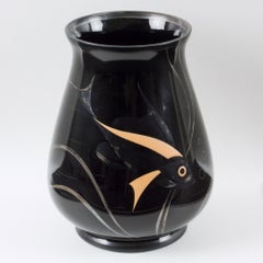 Michel Herman HEM Art Deco Silver Overlay Black Glass Vase, France 1930s