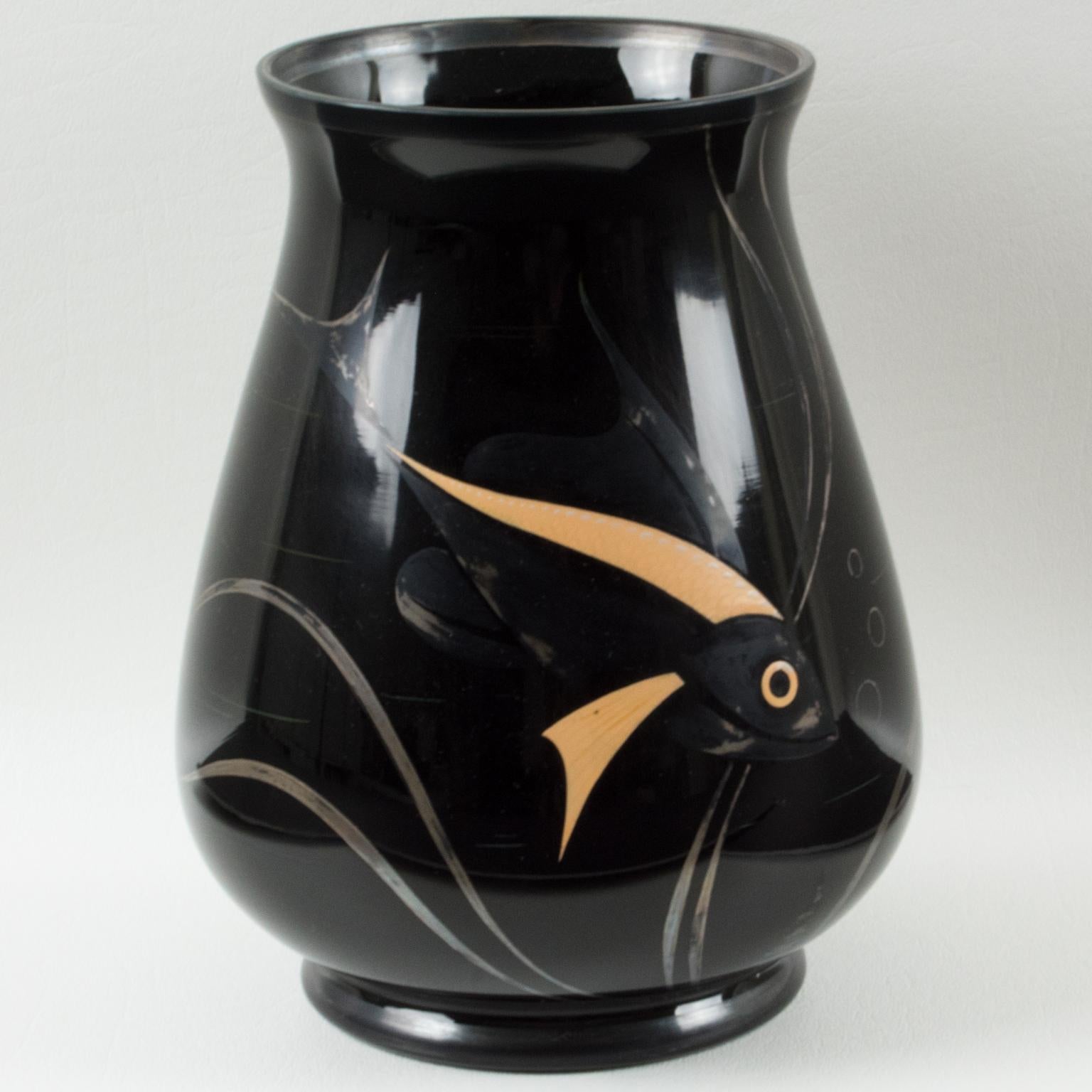 French Michel Herman HEM Art Deco Silver Overlay Black Glass Vase, France 1930s